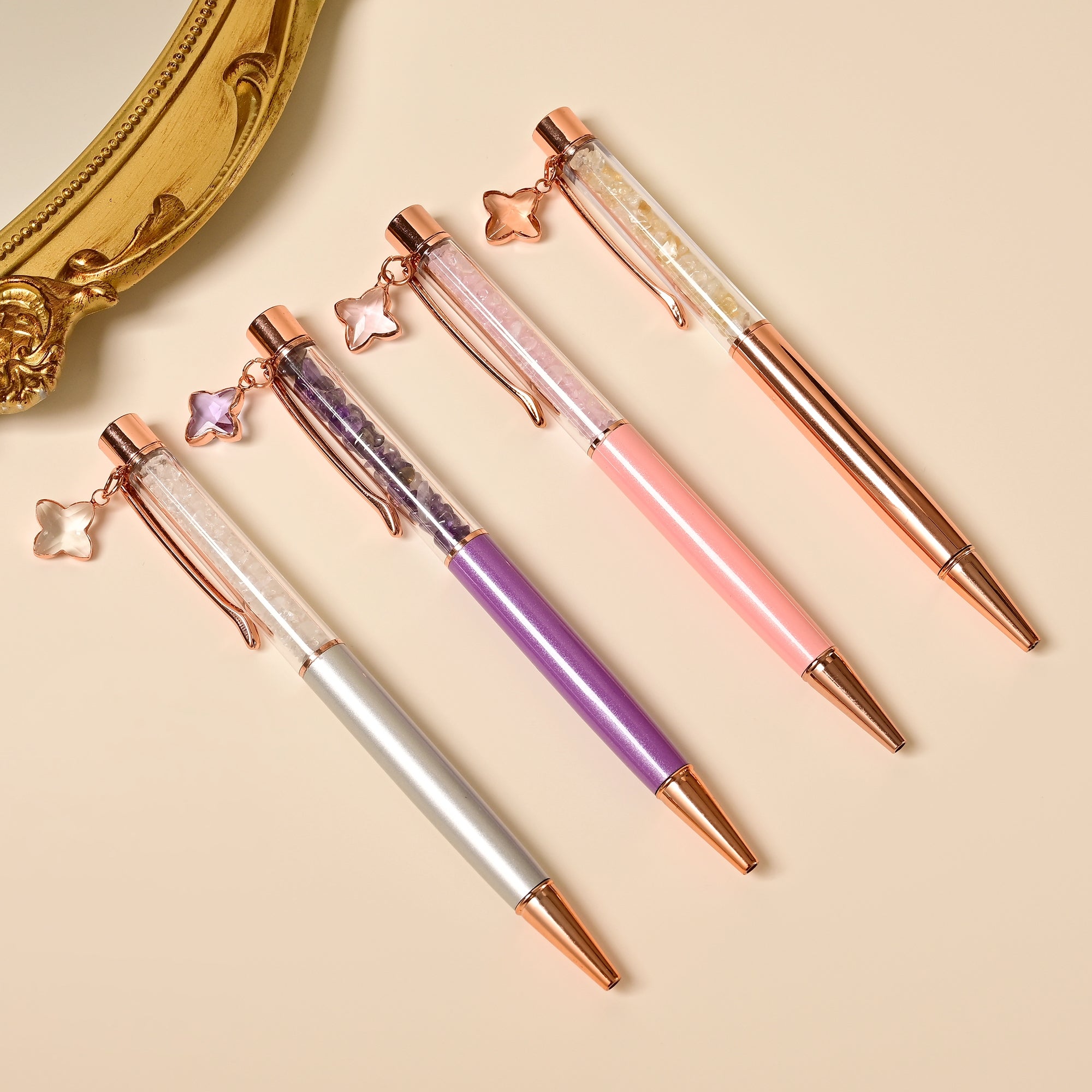 Premium Metal Ballpoint Crystal Pens with Clover Charm & Gemstone Chips - Elegant Writing Gift for Women, Office, Journaling & Special Occasions