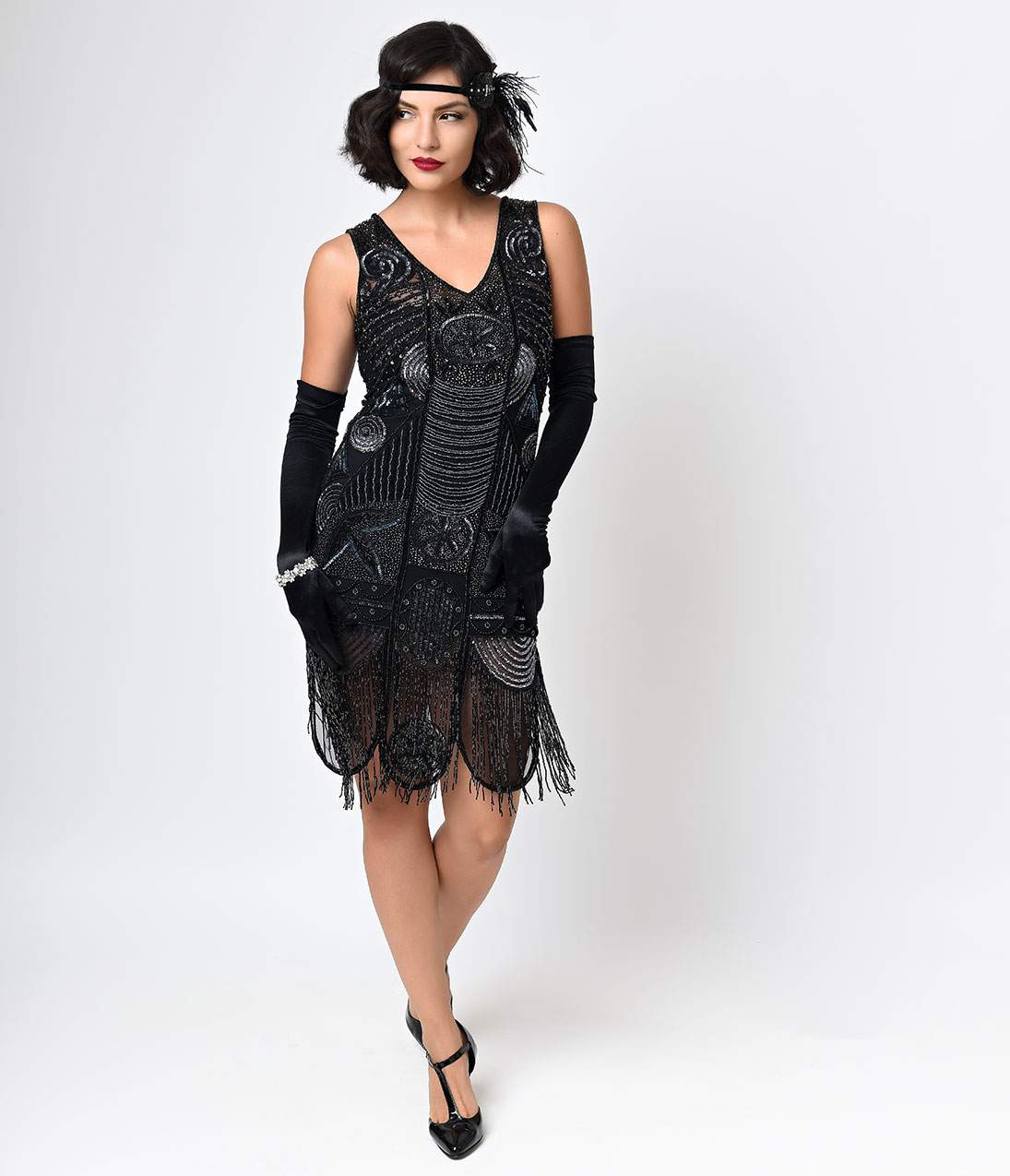 Vintage 1920s Black Beaded Fringe Flapper Dress - Roaring 20s Gatsby Style Evening Gown for Costume Parties, Halloween & Themed Events
