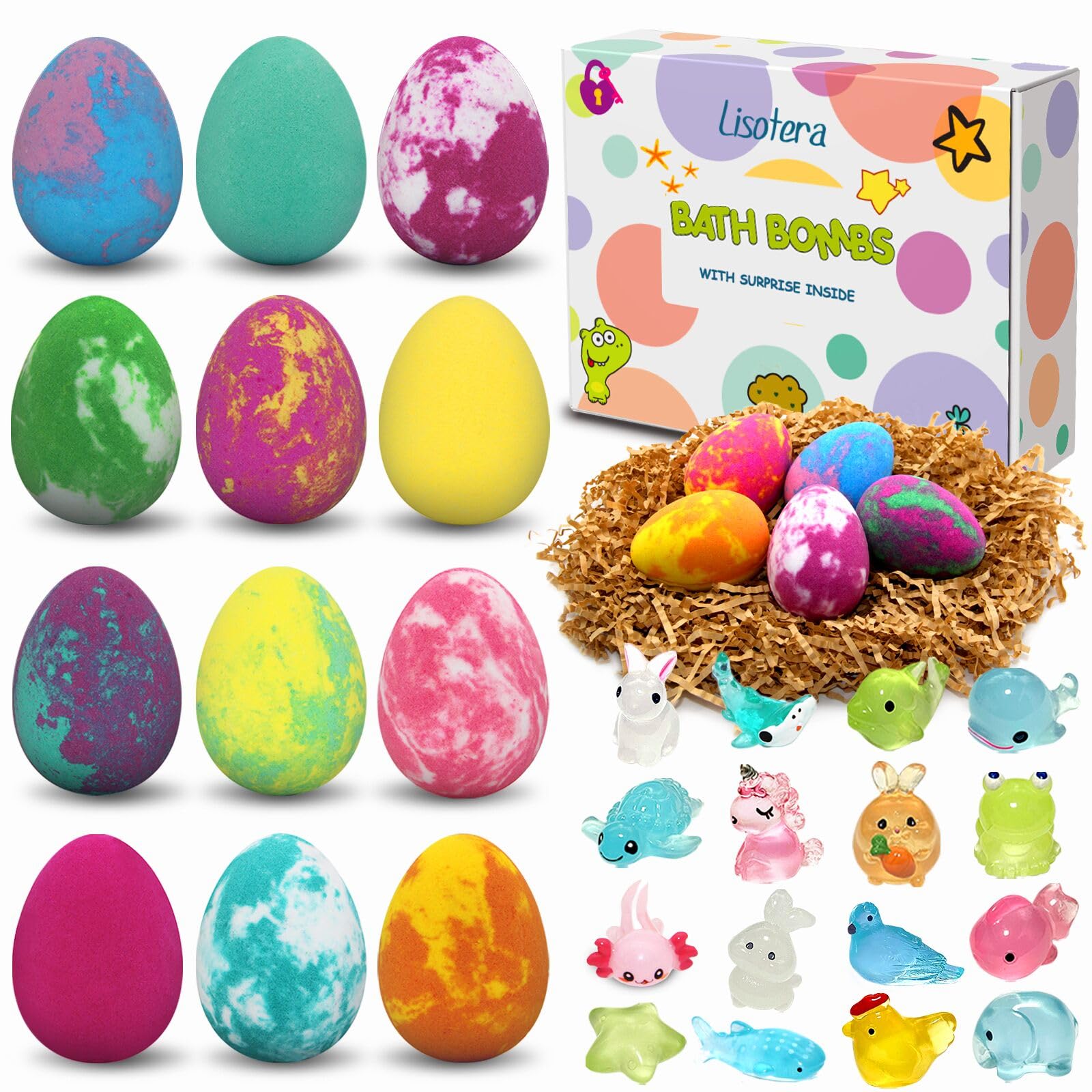 12Pcs Easter Egg Bath Bombs with Surprise Toys Inside - Dino Egg Bubble Bath Fizz Gift Set for Kids, Girls & Boys - Perfect for Birthday, Christmas & Easter Basket Stuffers - Fun Bath Time & Party Favors