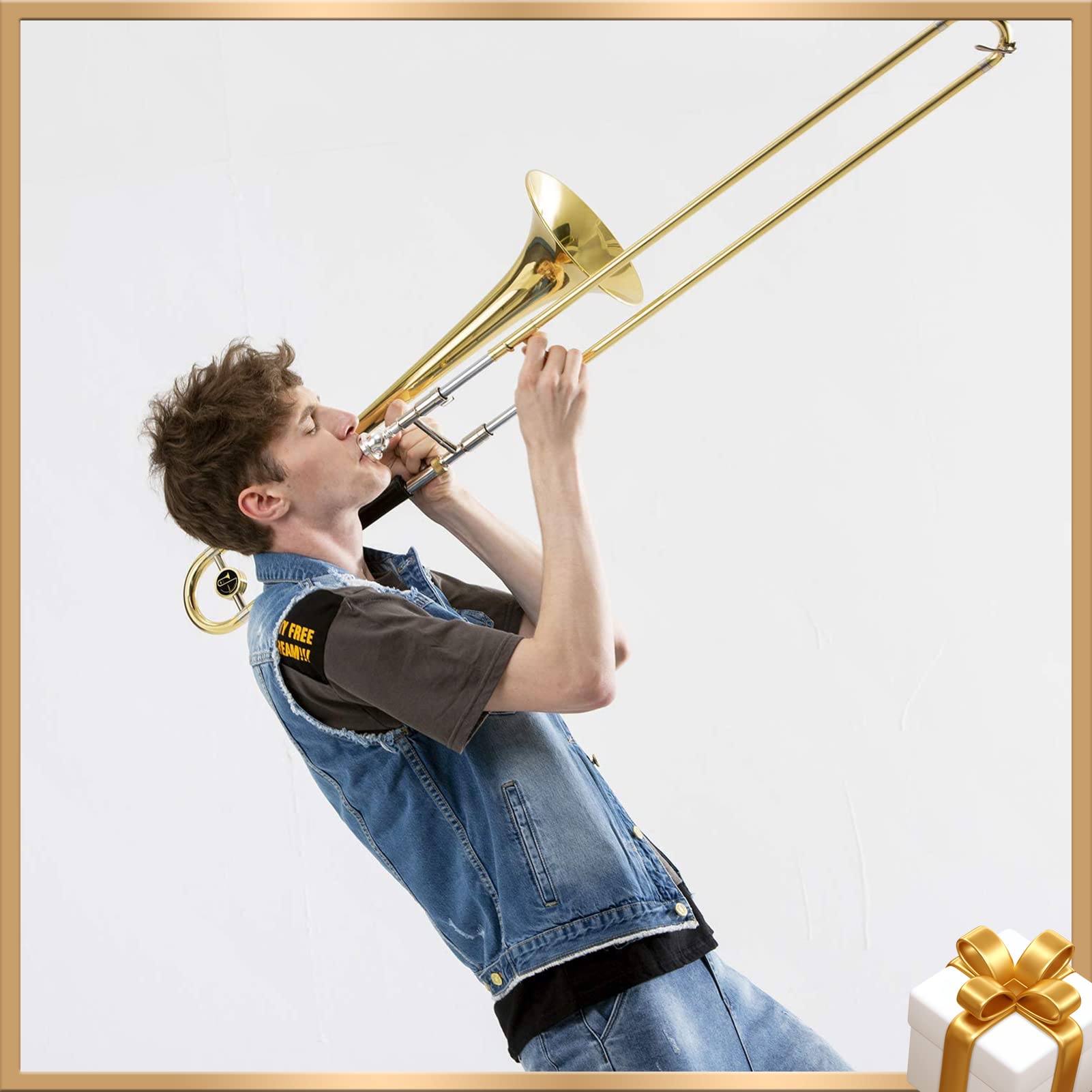 Eastar Bb Tenor Slide Trombone for Beginners - Brass Plated Student Trombone with Mouthpiece, White Gloves & Cleaning Kit (ETB-330, Golden) - Perfect for School Band, Jazz Ensemble & Music Practice