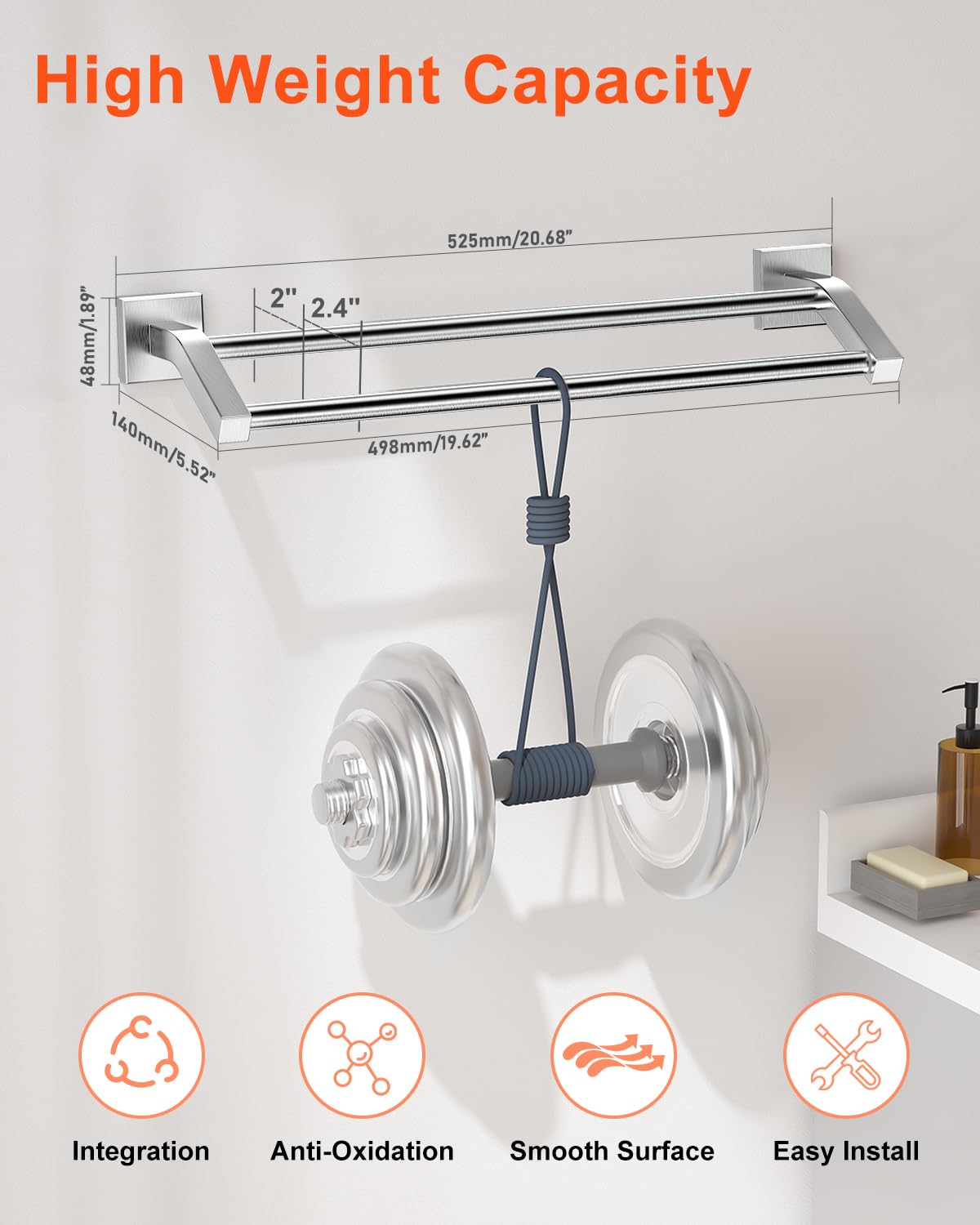 Stainless Steel Towel Bar 20 Inch - Heavy Duty SUS304 Brushed Nickel Wall Mount Towel Rack for Bathroom, Double Towel Holder with Rustproof Design - Perfect for Spa, Guest Bathroom & Luxury Hotel Decor