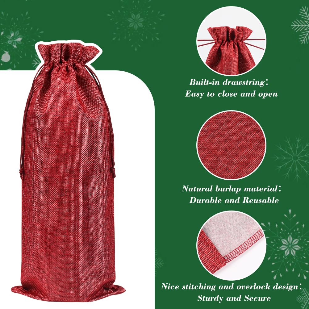 Shintop 10-Pack 1.5L Jute Wine Gift Bags with Drawstring - 16 x 6.7 Inch Natural Hessian Bottle Bags for Wine, Champagne & Liquor - Perfect for Weddings, Parties & Holiday Gifting (Red)