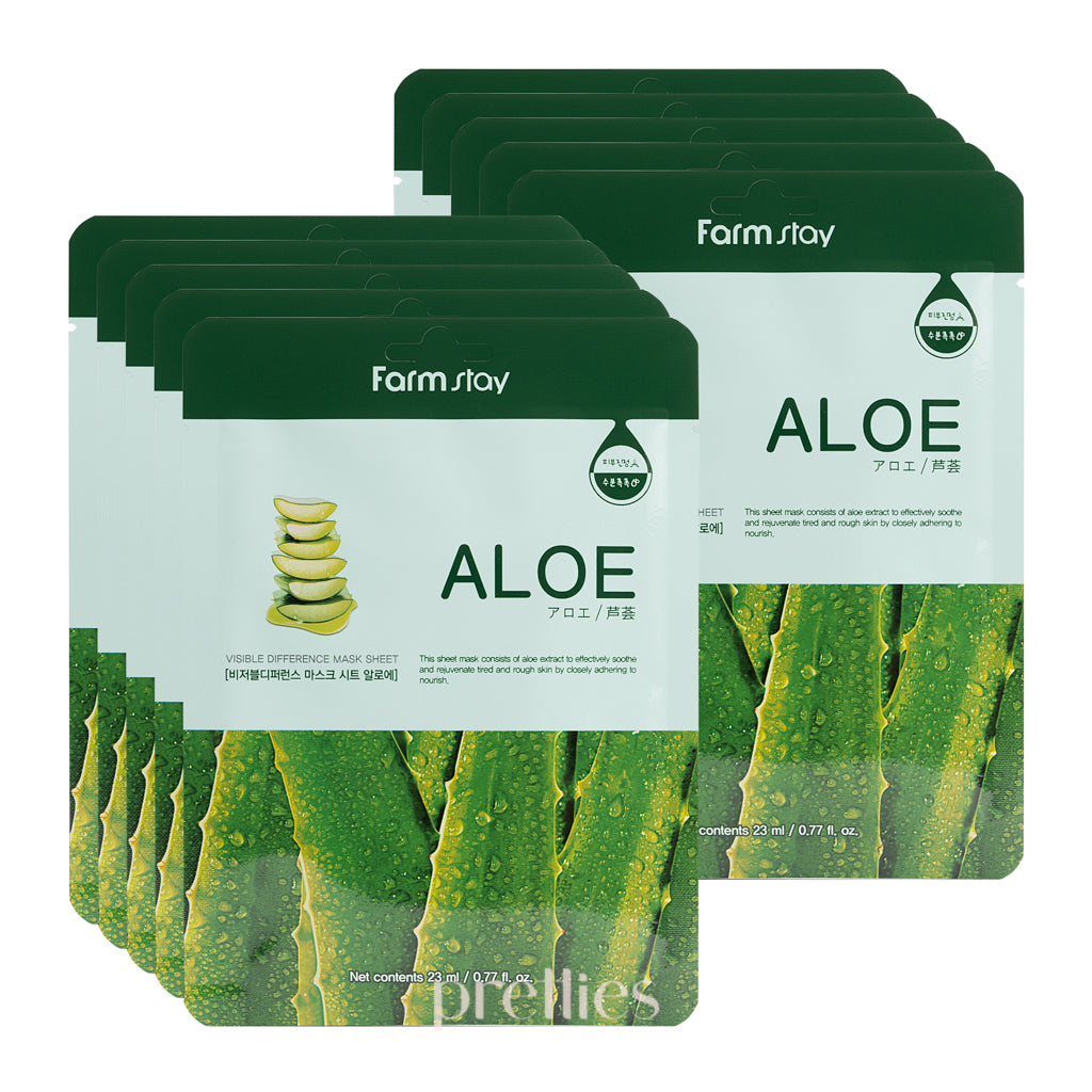 Farmstay Visible Difference Aloe Vera Soothing Mask Sheet - 10 Pack (1 Sheet x 10pcs) for Hydrating & Calming Skin Care - Perfect for Daily Use, Travel, and Post-Sun Care