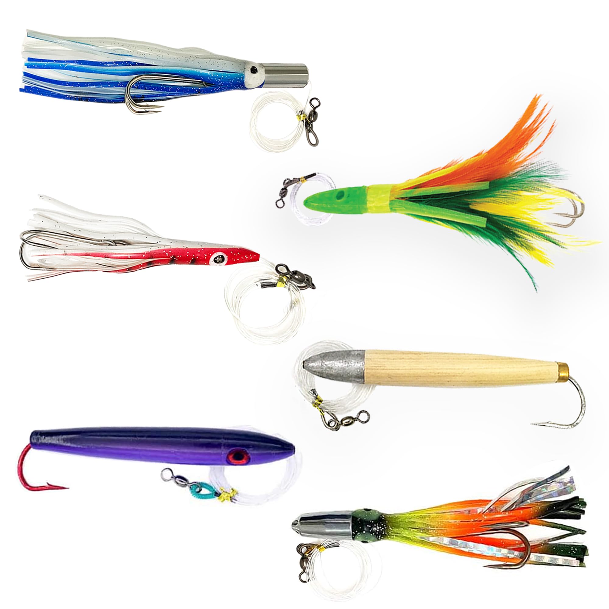 Premium Tuna Fishing Lures Kit - 6-Piece Saltwater Offshore Fishing Gear Set with Cedar Plugs, Jet Head Lures, Tuna Feathers & Durable Tackle Bag | Perfect for Deep Sea Tuna Fishing, Charter Trips & Sport Fishing Adventures