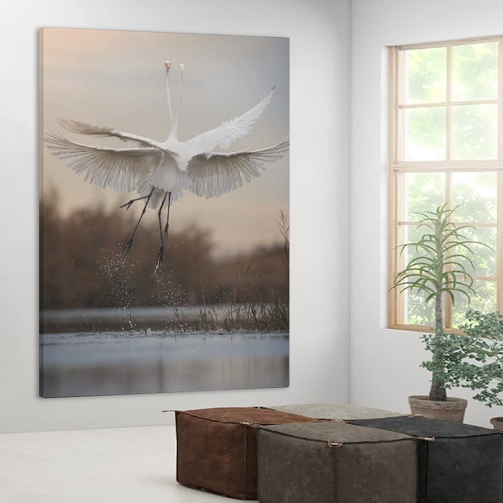 Wild Animals Great Egret Dancing Canvas Wall Art Print - 24x36 Inch Nature Landscape Painting for Living Room, Bedroom & Office Decor | Perfect Gift for Home & Office Decoration | Enhance Your Space with Stunning Wildlife Art