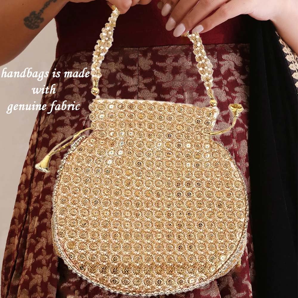 SUMERA WARQ Golden Embroidered Potli Bag for Women - Traditional Indian Wedding Clutch with Drawstring, Ethnic Handbag for Bridal & Festive Occasions - Perfect Gift for Ladies, Parties & Cultural Events