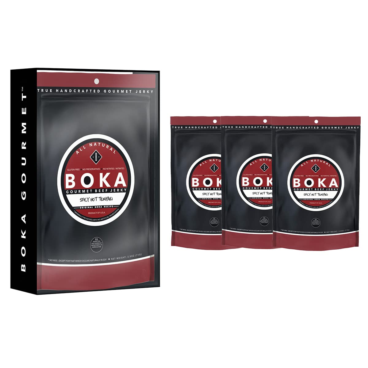 Boka Protein Rich Beef Jerky - Spicy Hot Teriyaki Flavor, High Protein Snack (3 Pack) | Perfect for Keto Diet, Hiking & Road Trips