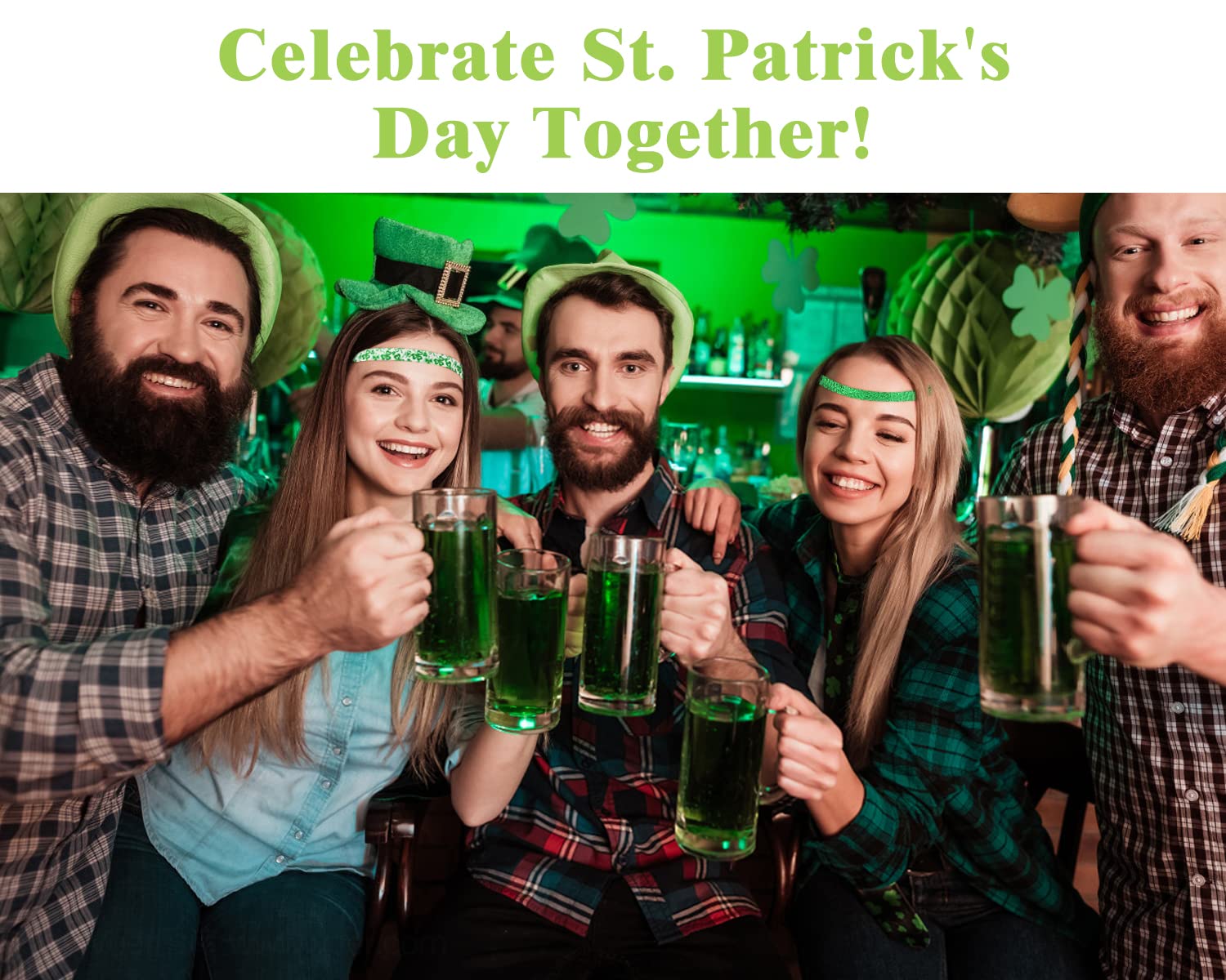 MoKo St. Patrick's Day Headband 5-Pack - Non-Slip Stretchy Green Glitter Clover Headbands for Women, Girls & Teens - Perfect for St. Patrick's Day Parties, Parades & Festive Celebrations