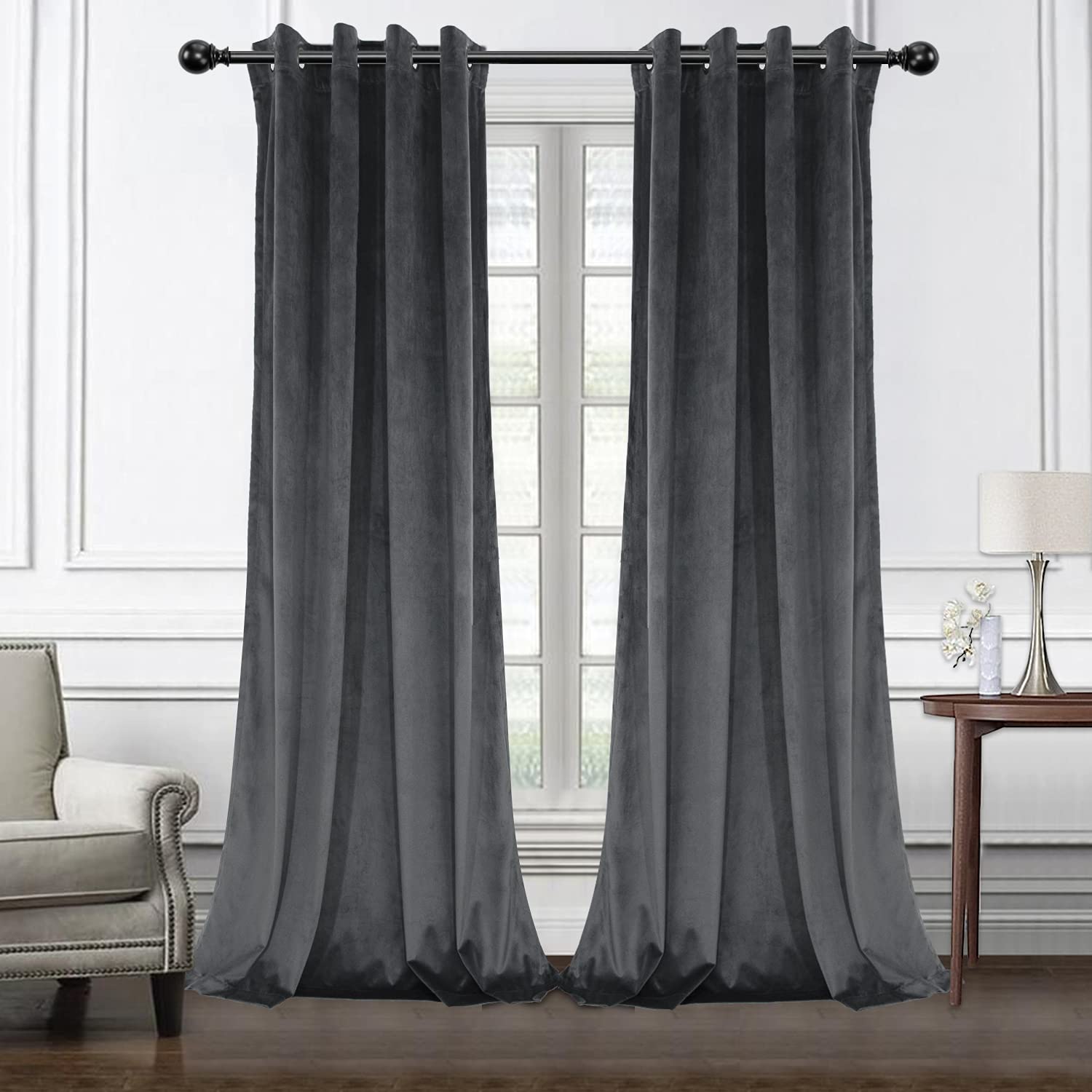 LORDTEX Grey Velvet Thermal Insulated Blackout Curtains - 52 x 95 Inch Room Darkening Window Drapes with Grommet Top, 2 Panels for Living Room, Bedroom & Home Theater (Noise Reducing & Energy Saving)