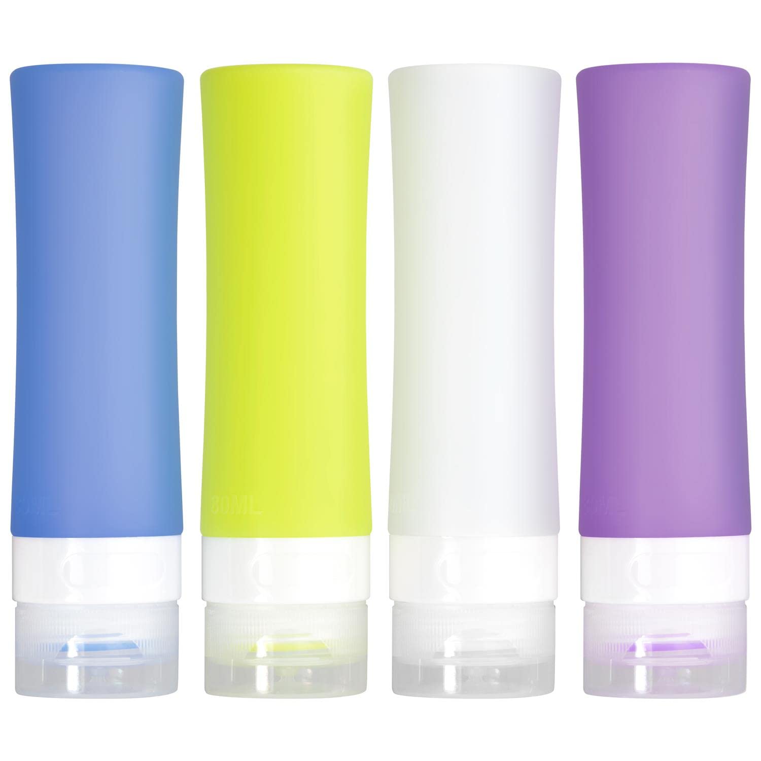 Premium Silicone Travel Bottles for Toiletries 80ml (2.8 fl oz) - 4 Pack Leak-Proof Refillable Squeeze Containers with Colorful Design - Perfect for Shampoo, Lotion, Cosmetics & Airplane Carry-On Essentials