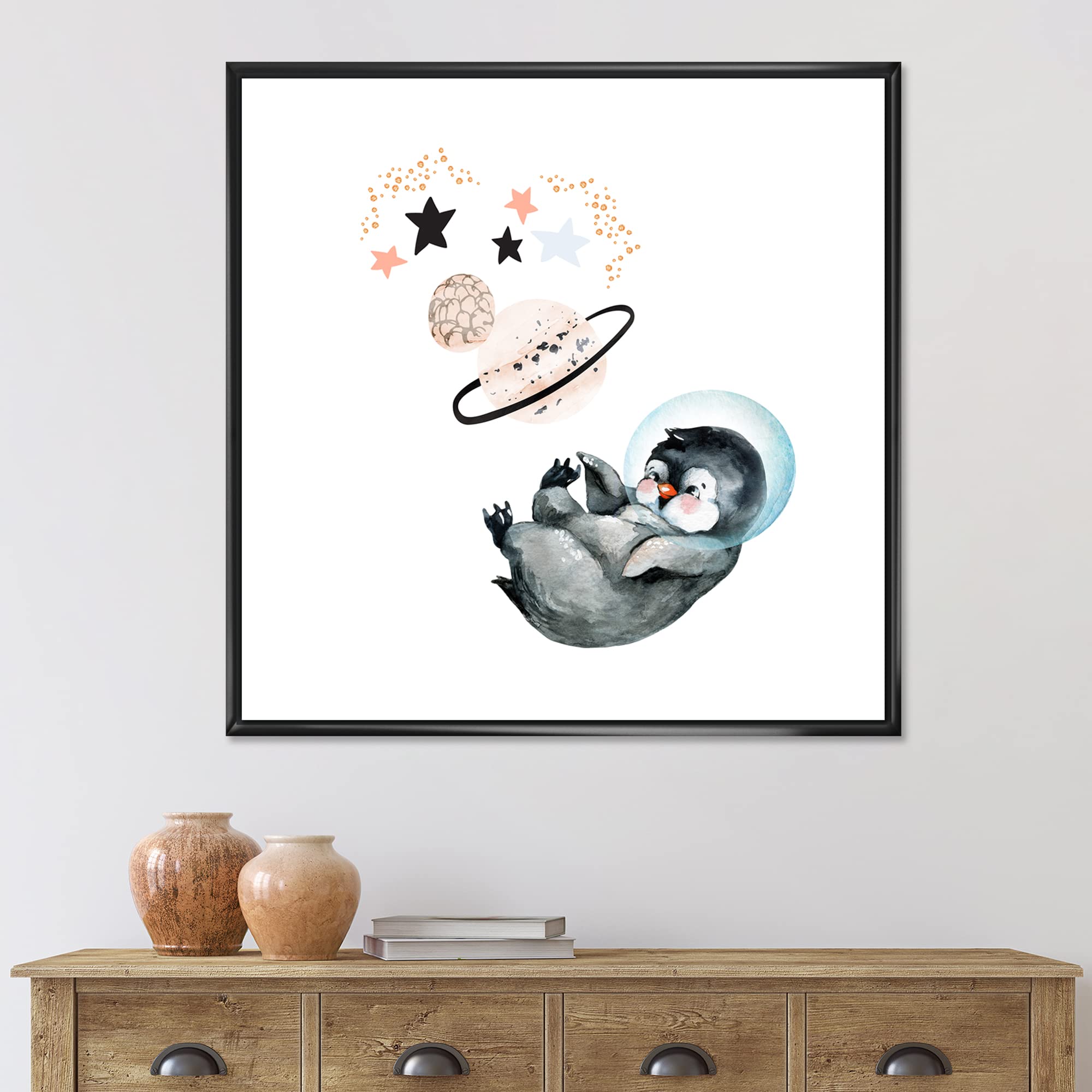 Little Penguin with Stars and Planets Framed Canvas Wall Art - Nursery Decor, Kids Room Decor, Farmhouse Style Wall Print for Bedroom & Living Room