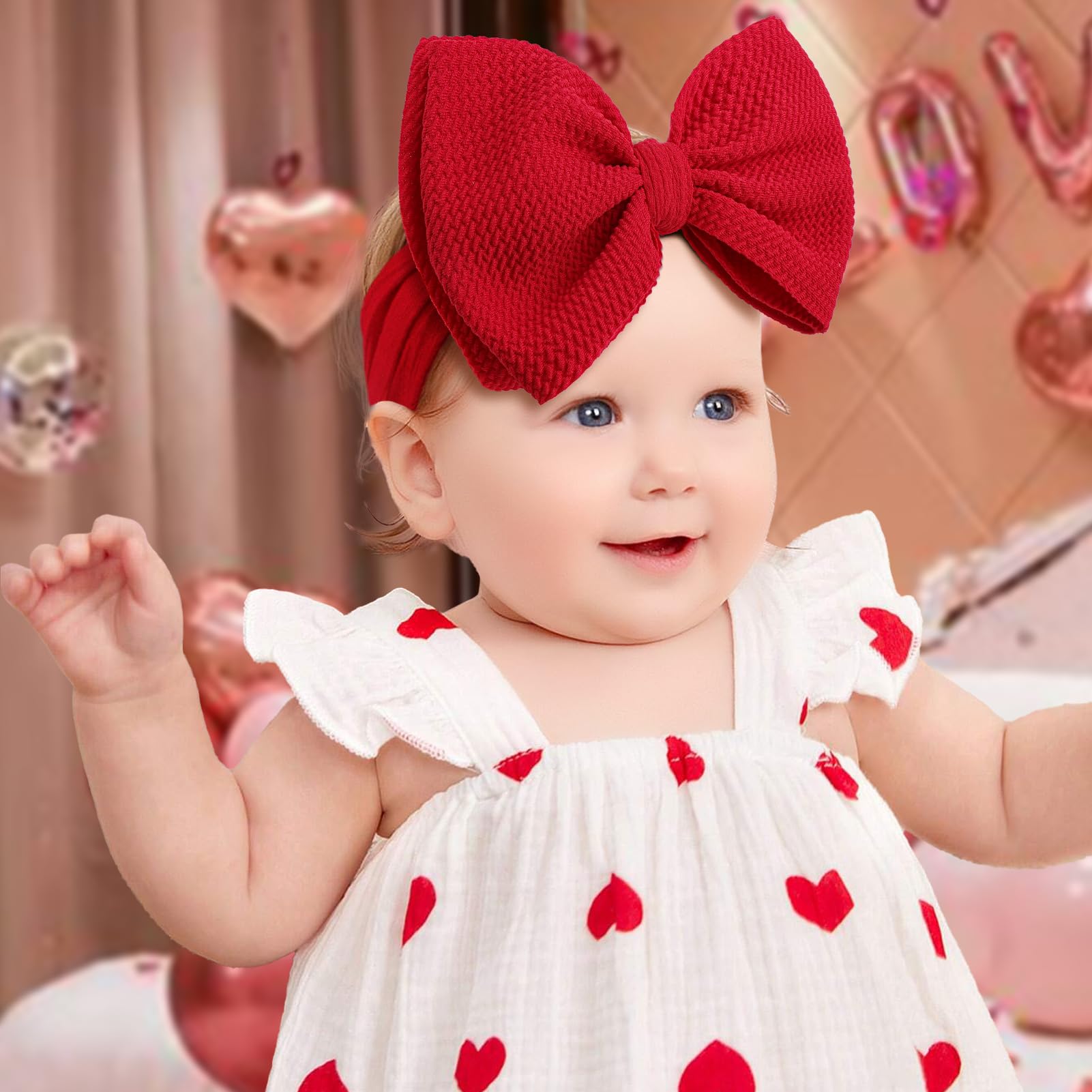 Valentine's Day Red Nylon Heart Headbands for Baby Girls - Handmade Hair Bows for Newborns, Toddlers & Infants - Perfect for Valentine's Gifts, Photo Shoots & Special Occasions
