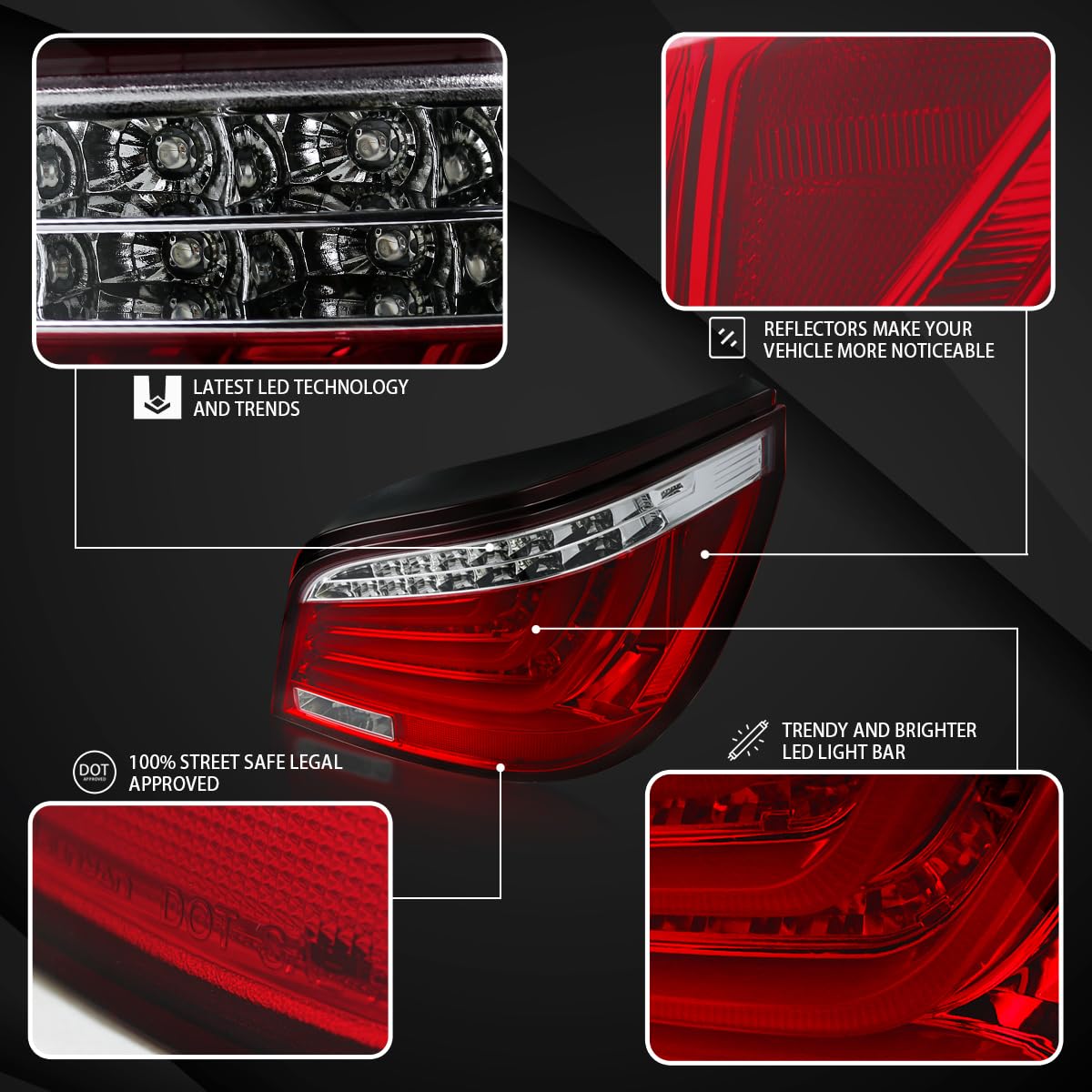 AUTOZENSATION LED Tail Lights for 2004-2007 BMW E60 5-Series Sedan - Red LED Bar Design (Left & Right Pair) - Enhanced Visibility & Style for Night Driving & Car Customization
