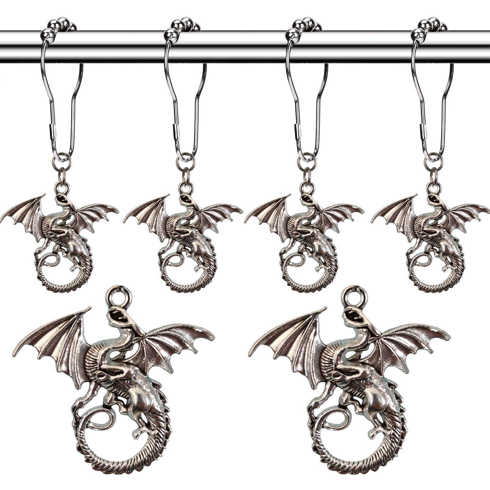 Antique Silver Dragon Shower Curtain Hooks Rings - Decorative Bathroom Accessories Set for Kids & Baby Rooms - Forest Country Village Theme - Perfect for Nursery, Bathroom Decor and Themed Home Design