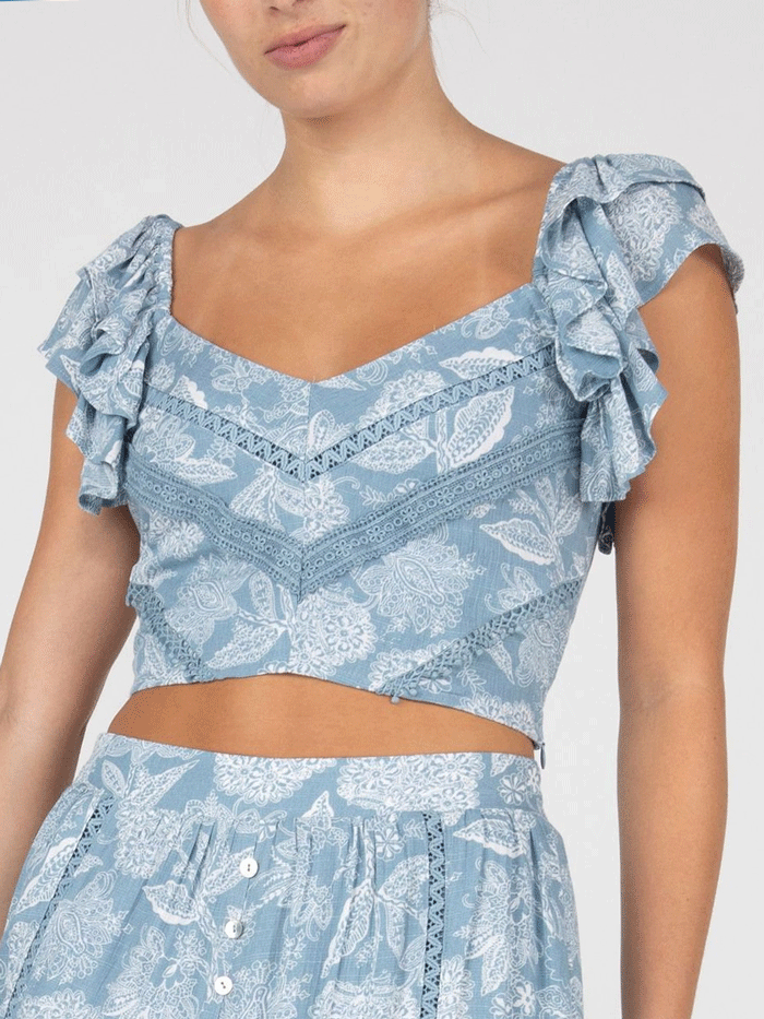 Miss Me MT2877S Women's Cropped Ruffled Floral Blouse in Light Blue - Perfect for Spring Outfits, Date Nights & Casual Wear