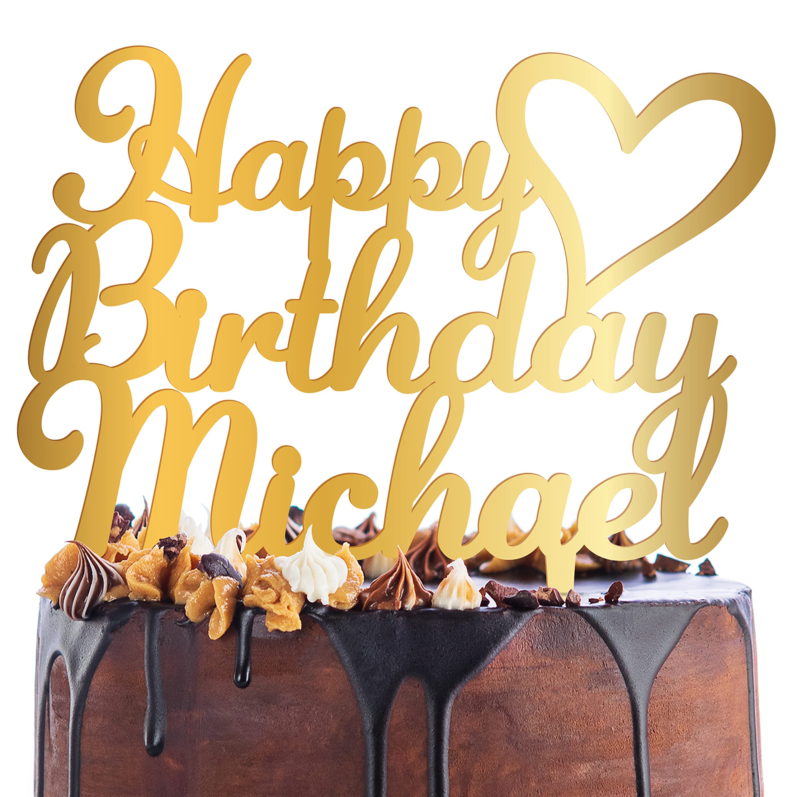 Custom Happy Birthday Cake Topper with Name & Heart - Personalized Acrylic Cake Decorations for Birthday Parties - 3 Mirror Finish Color Options - Perfect for Wedding, Baby Shower & Anniversary Celebrations