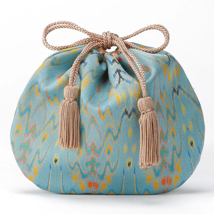 Nishijin Ori Small Drawstring Bag - Japanese Kasuri Pattern Handmade in Kyoto - Traditional Japanese Craft Purse for Gift, Cosmetics & Accessories Storage