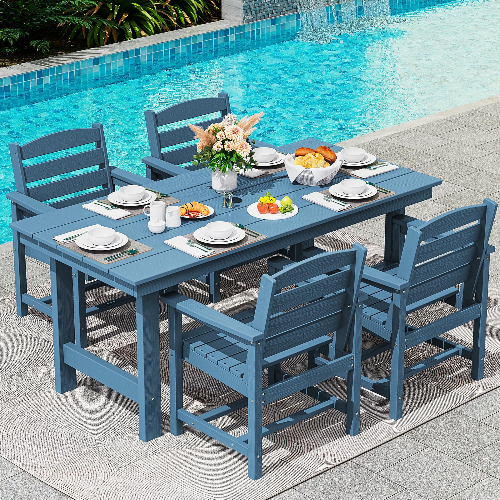 SERWALL Outdoor Patio Dining Table Set with Umbrella Hole - All-Weather HDPE Furniture for Lawn, Garden, Backyard & Poolside - Blue | Perfect for Outdoor Entertaining, BBQ Parties & Relaxing by the Pool