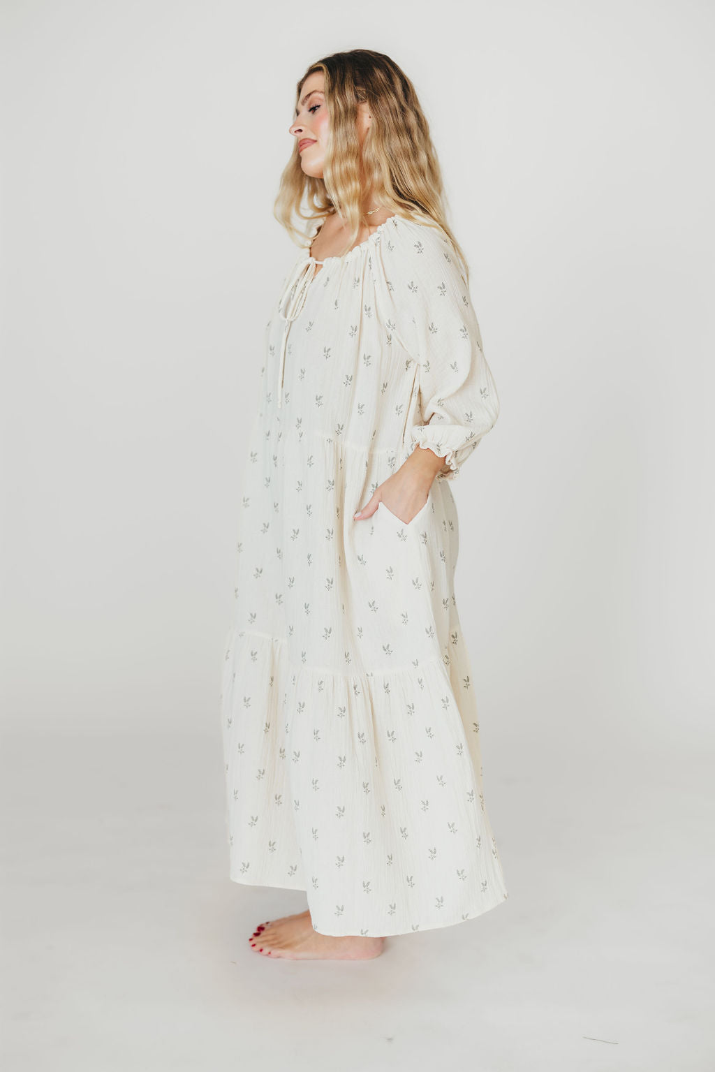 Avery Tiered Linen Blend Midi Dress in Soy/Sage Foliage - Bump Friendly Maternity Dress with Inclusive Sizing for Women - Perfect for Summer Weddings, Beach Vacations & Brunch Dates