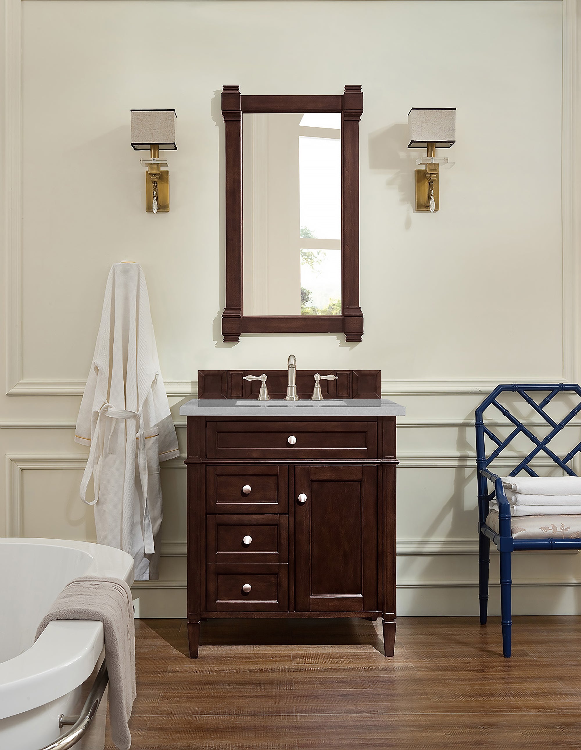 Brittany 30-Inch Single Bathroom Vanity with Burnished Mahogany Finish & 3CM Eternal Serena Quartz Countertop - Perfect for Small Bathrooms & Powder Rooms