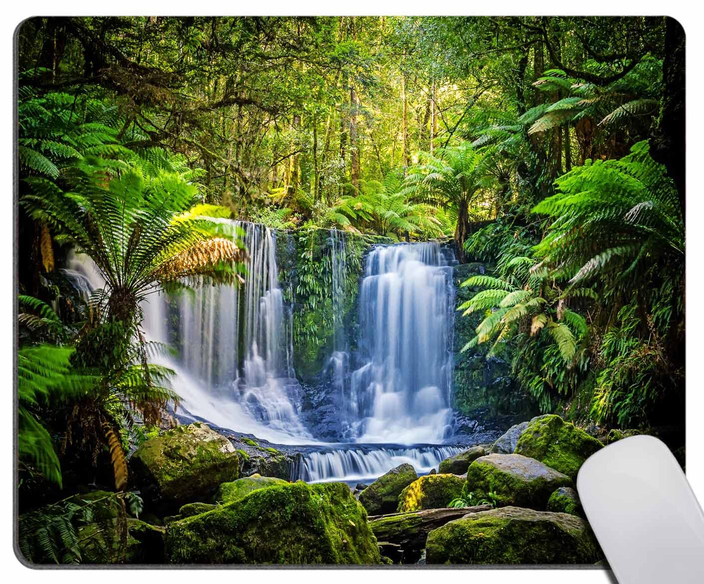 Green Tropical Rainforest Mouse Pad with Waterfall Design - Washable Square Cloth Mousepad for Office & Laptop - Non-Slip Rubber Base for Wireless Mouse - Perfect for Home, Office, and Gaming Desks