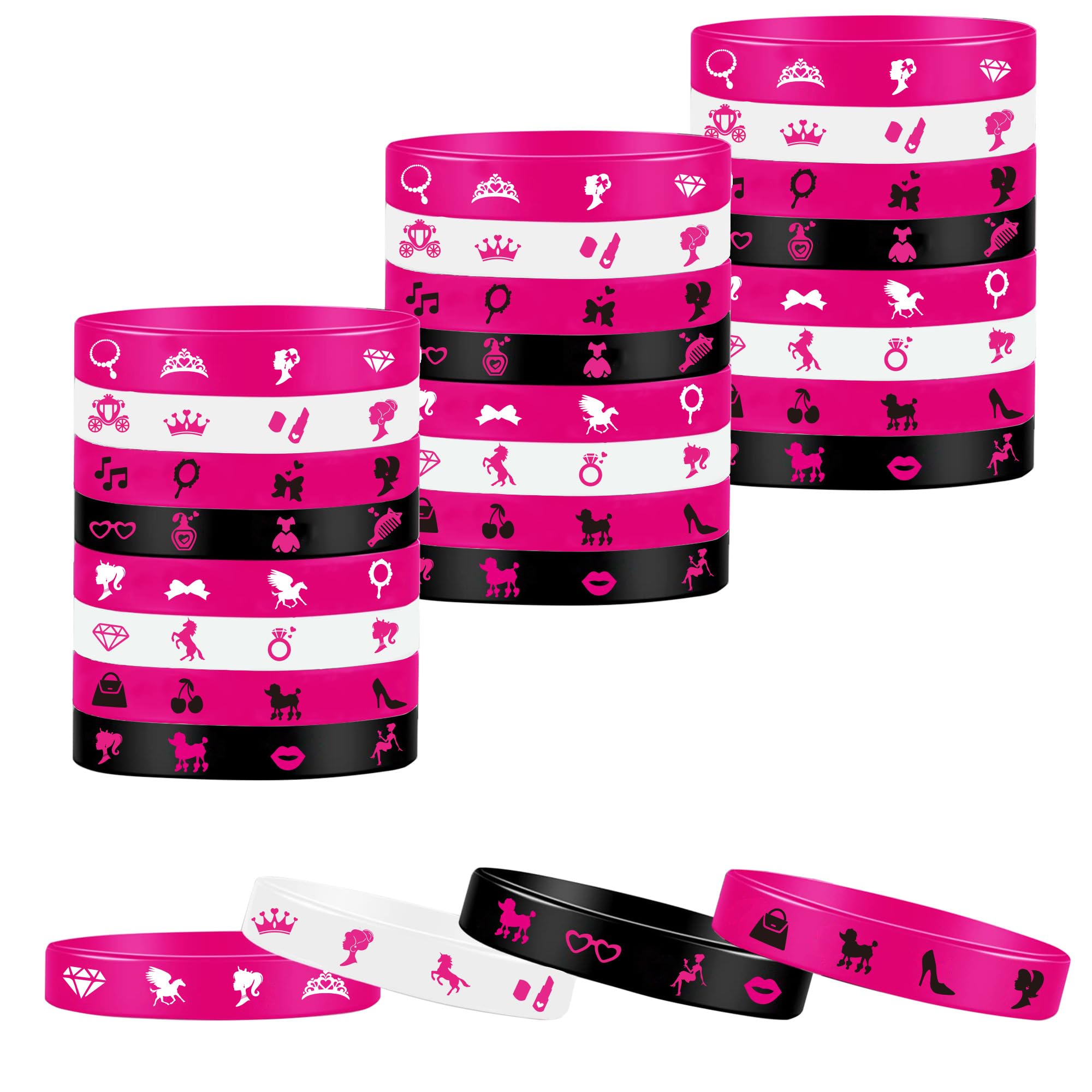 24 PCS Pink Silicone Wristbands for Girls - Party Favors, Birthday Decorations, Baby Showers & Bachelorette Parties - Cute Pink Bracelets for Women & Teens