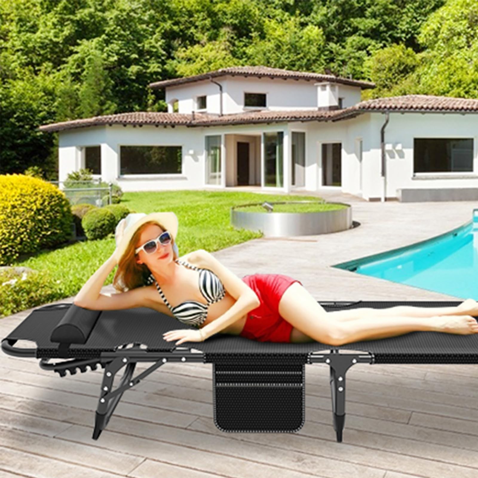LILYPELLE 5-Position Adjustable Folding Outdoor Chaise Lounge Chair with Mattress - Patio Reclining Sun Lounger for Sunbathing, Camping, Poolside & Beach Relaxation - Perfect for Backyard, Deck and Outdoor Leisure