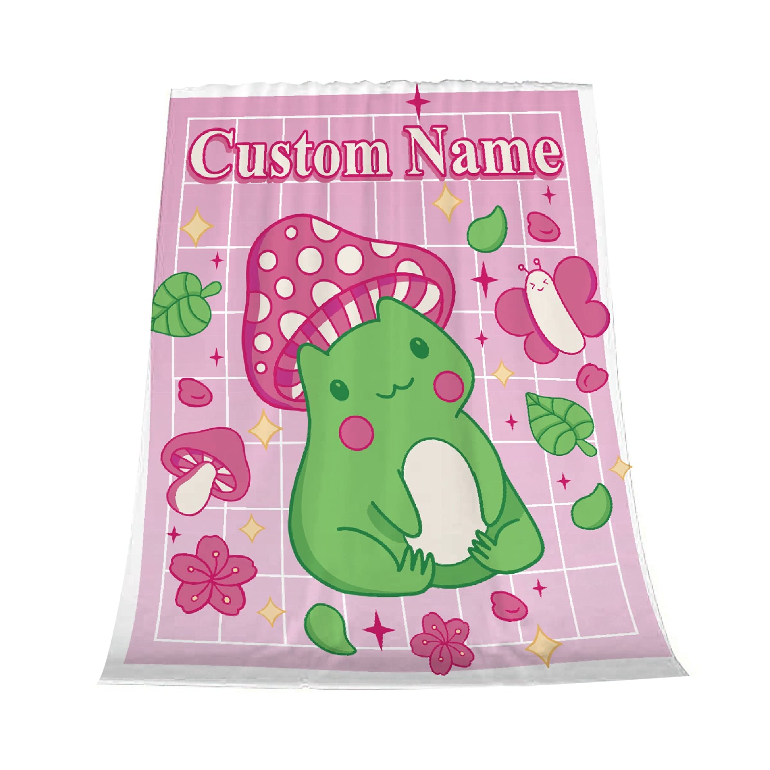 Custom Personalized Pink Frog Mushroom Throw Blanket - Soft Flannel Baby Name Blanket for Girls & Boys - Unique Gift for Kids, Nursery, Couch, Bed & Sofa - 60