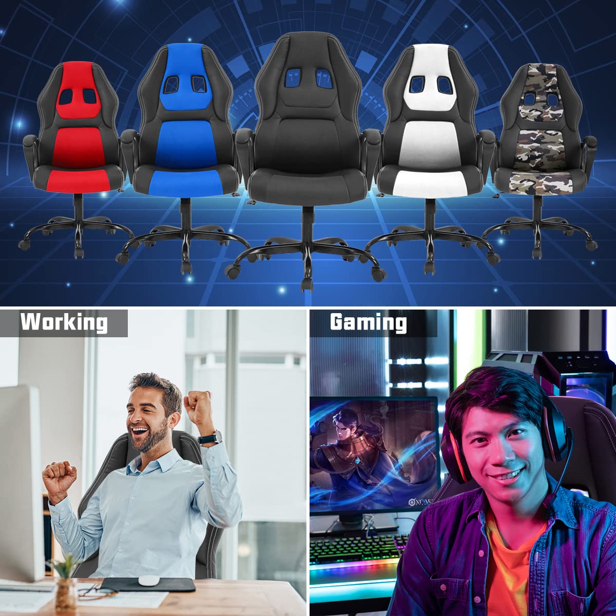 Ergonomic Gaming Chair with Lumbar Support - Adjustable High Back PU Leather Computer Desk Chair for Adults & Teens - Swivel Rolling Office Chair for PC Gaming, Work & Study - Black