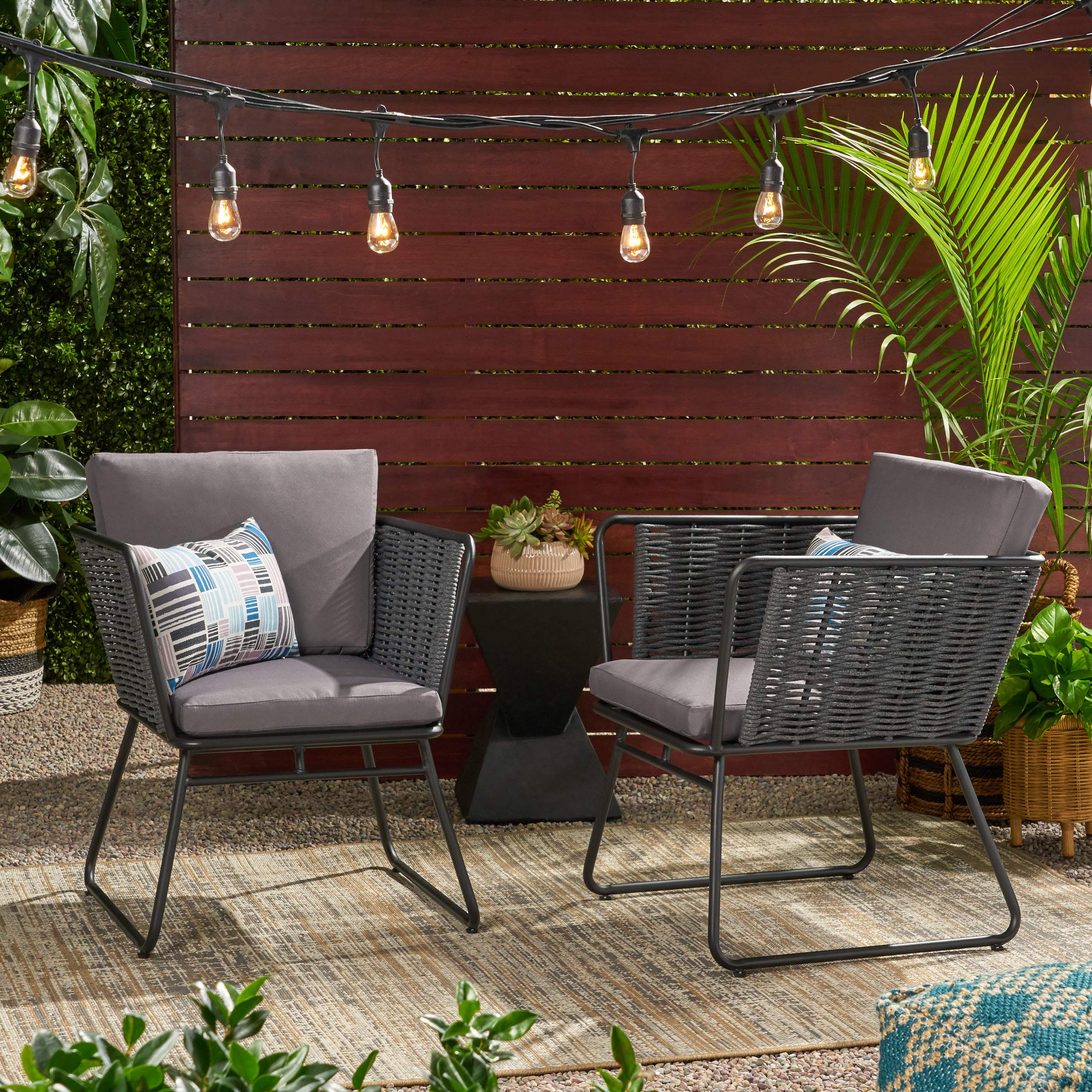 GDF Studio Modern Outdoor Rope Weave Club Chair with Cushions (Set of 2) - Dark Gray, Gray & Black Water-Resistant Patio Furniture for Garden, Poolside & Backyard Relaxation