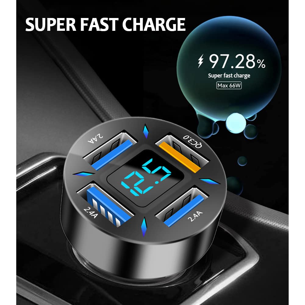 4-Port USB Fast Car Charger with QC 3.0 & Voltmeter - 36W Multi-Port Cigarette Lighter Charger Adapter for iPhone, Samsung, Android Phones & Tablets - Perfect for Road Trips, Commuting & Family Travel