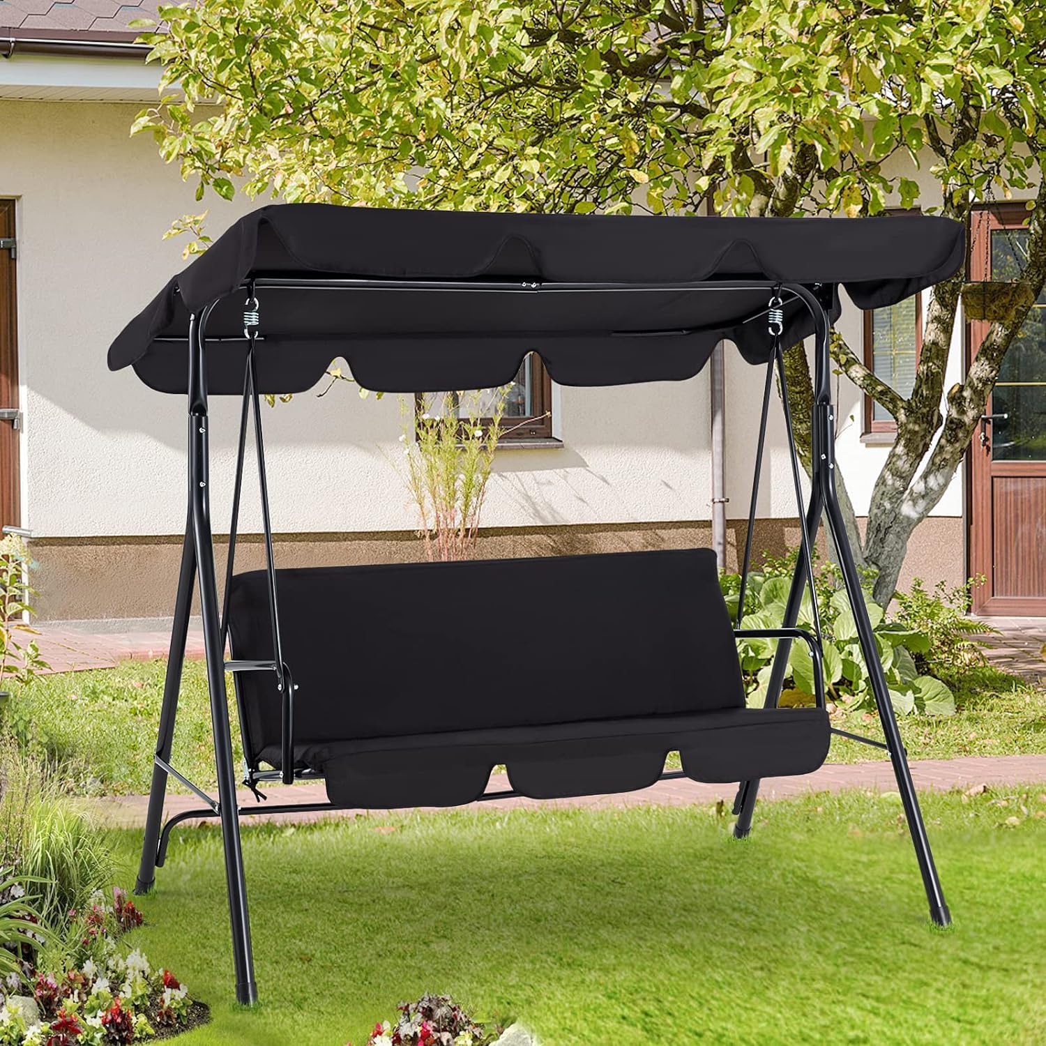 AECOJOY 3-Seat Outdoor Patio Swing Chair with Adjustable Canopy & Removable Cushion - Heavy Duty Porch Swing for Adults, Backyard, Garden, Yard, Poolside or Balcony Relaxation (Black) - Perfect for Lounging, Reading & Enjoying Outdoor Breezes