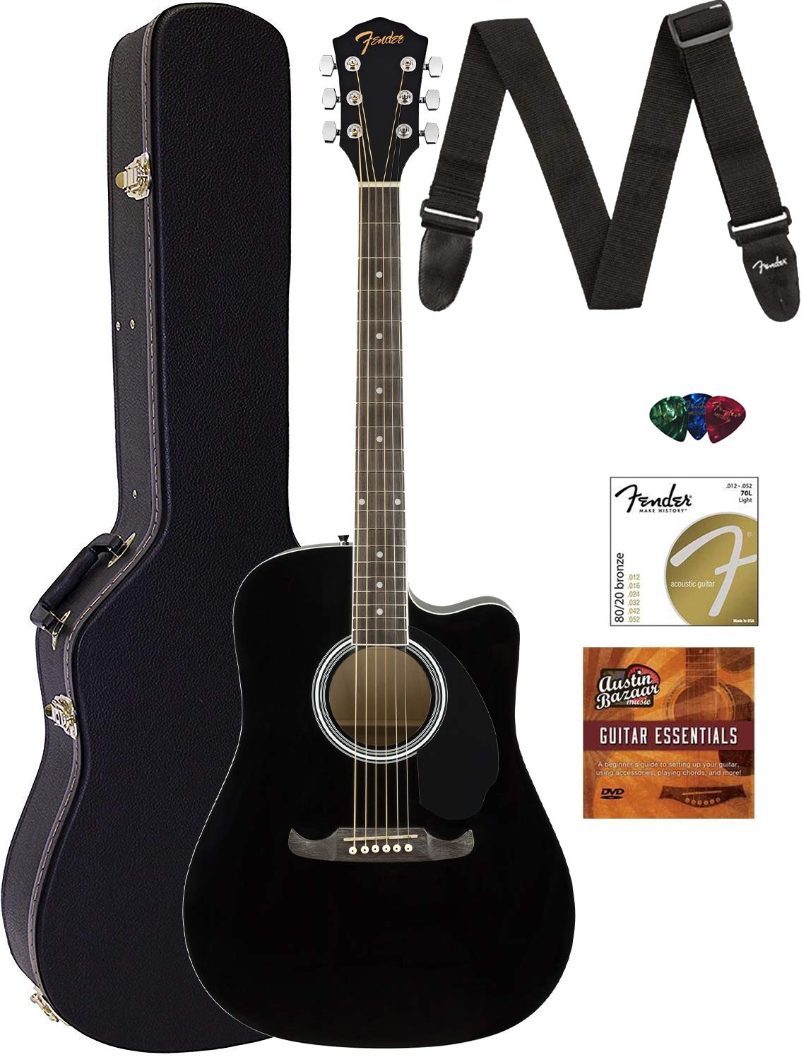 Fender FA-125CE Dreadnought Cutaway Acoustic-Electric Guitar Bundle - Black with Hard Case, Strap, Strings, Picks, Online Lessons & DVD | Perfect for Beginners, Live Performances & Home Practice
