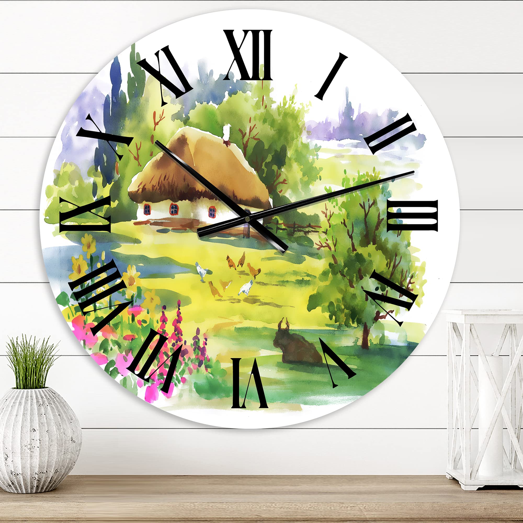 Large Traditional Wall Clock - 'Rural House in Blossoming Greenlands' Landscape Nature Decor for Living Room, Bedroom & Office | Silent Non-Ticking Mechanism | Perfect Home & Office Décor