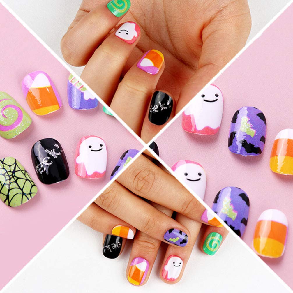 Lurrose Halloween Fake Nails for Kids - 40pcs Short Artificial Nail Tips with Gothic Design, DIY Salon Nail Art Decorations for Children | Perfect for Halloween Costumes, Parties & Dress-Up Play