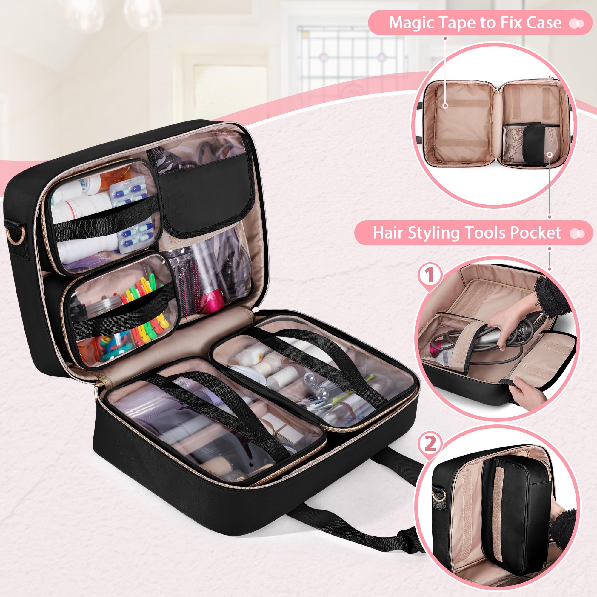 Large Travel Makeup Organizer Bag for Women with 4 Cases & Pockets - Perfect for Vacation & Business Trips