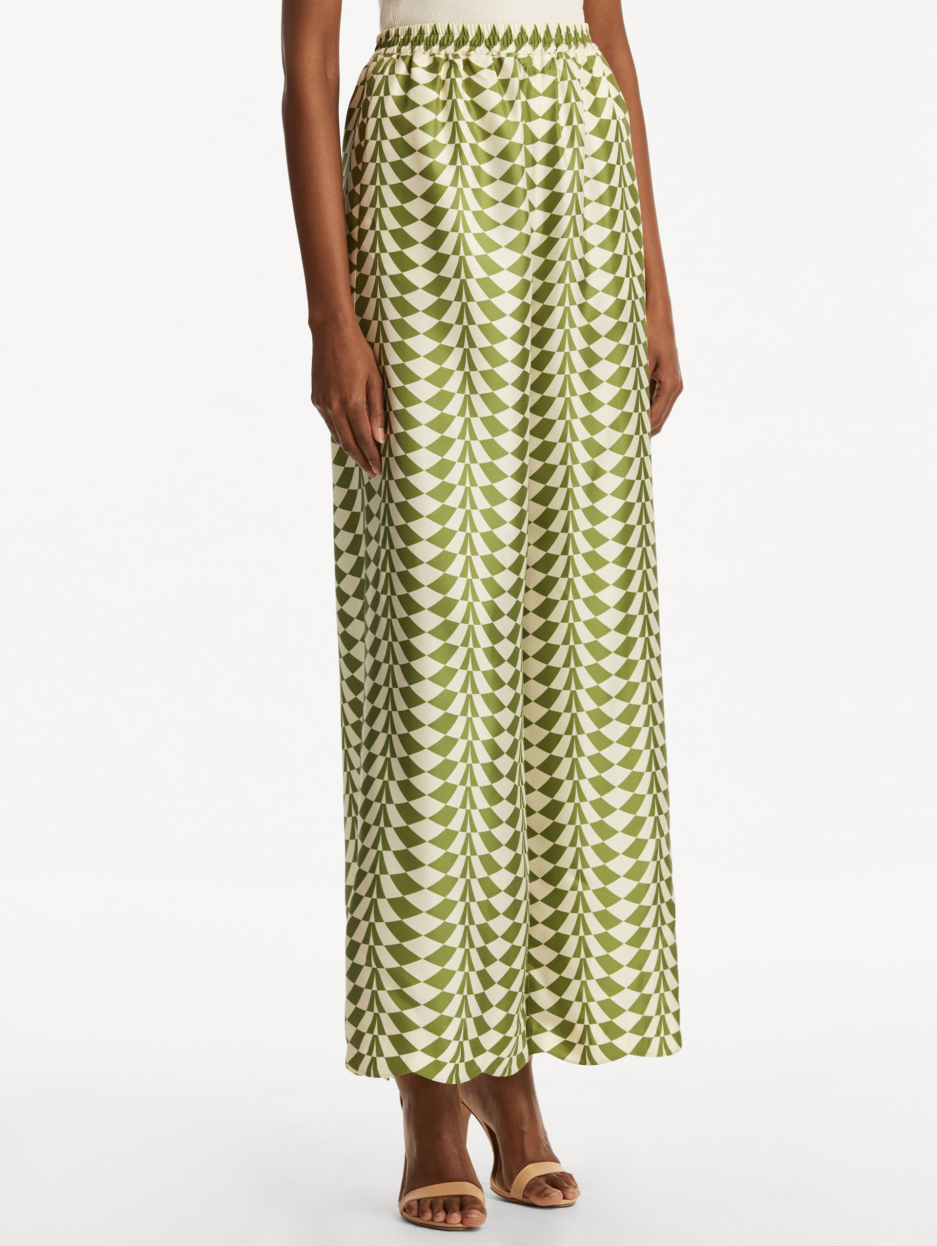 Geo Silk Twill Wide Leg Pants for Women - Comfortable High Waisted Palazzo Pants for Work, Travel & Casual Wear