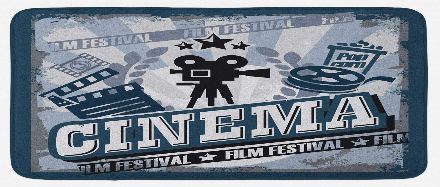 Ambesonne Vintage Cinema Poster Kitchen Mat - Non-Slip Plush Rug with Grunge Effect Design, 47x19 Inches, Blue Black Grey - Perfect for Movie Theaters, Home Theaters, and Retro-Themed Kitchens