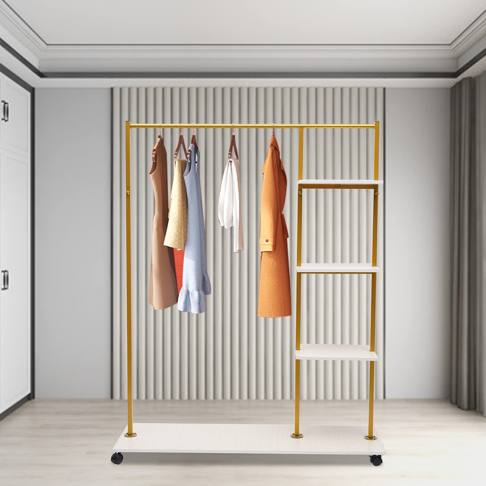 Gold Iron Garment Rack with Universal Wheels & Shelves - Heavy Duty Square Wedding Dress Display Stand for Bridal Shop, Home Storage & Clothing Store | Perfect for Wedding Dress Organization, Retail Display & Home Closet Storage