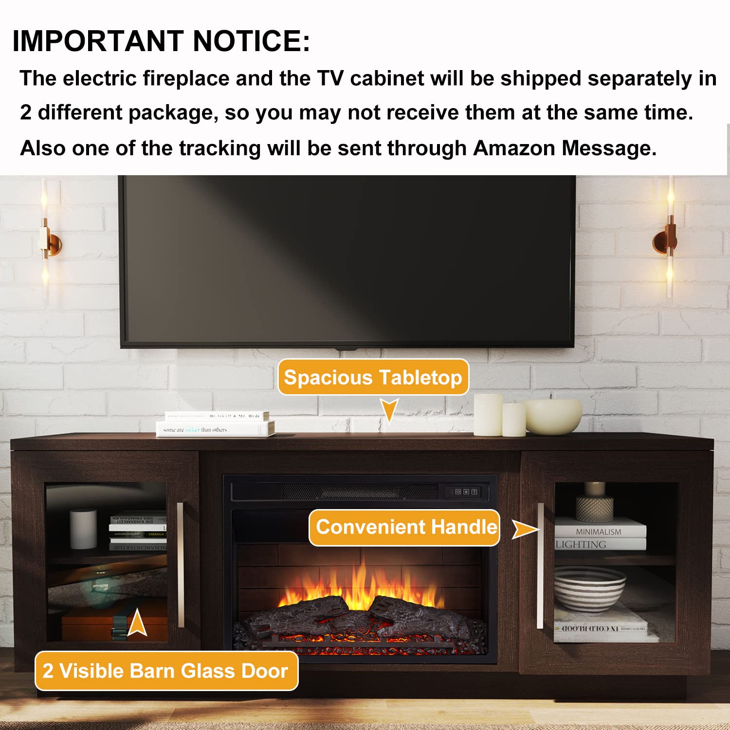 Cheerway 65 Inch TV Stand with Electric Fireplace - Wooden Entertainment Center with 6 Storage Shelves, Barn Doors & Remote Control - Adjustable Flame for Living Room, Bedroom & Home Theater Setup