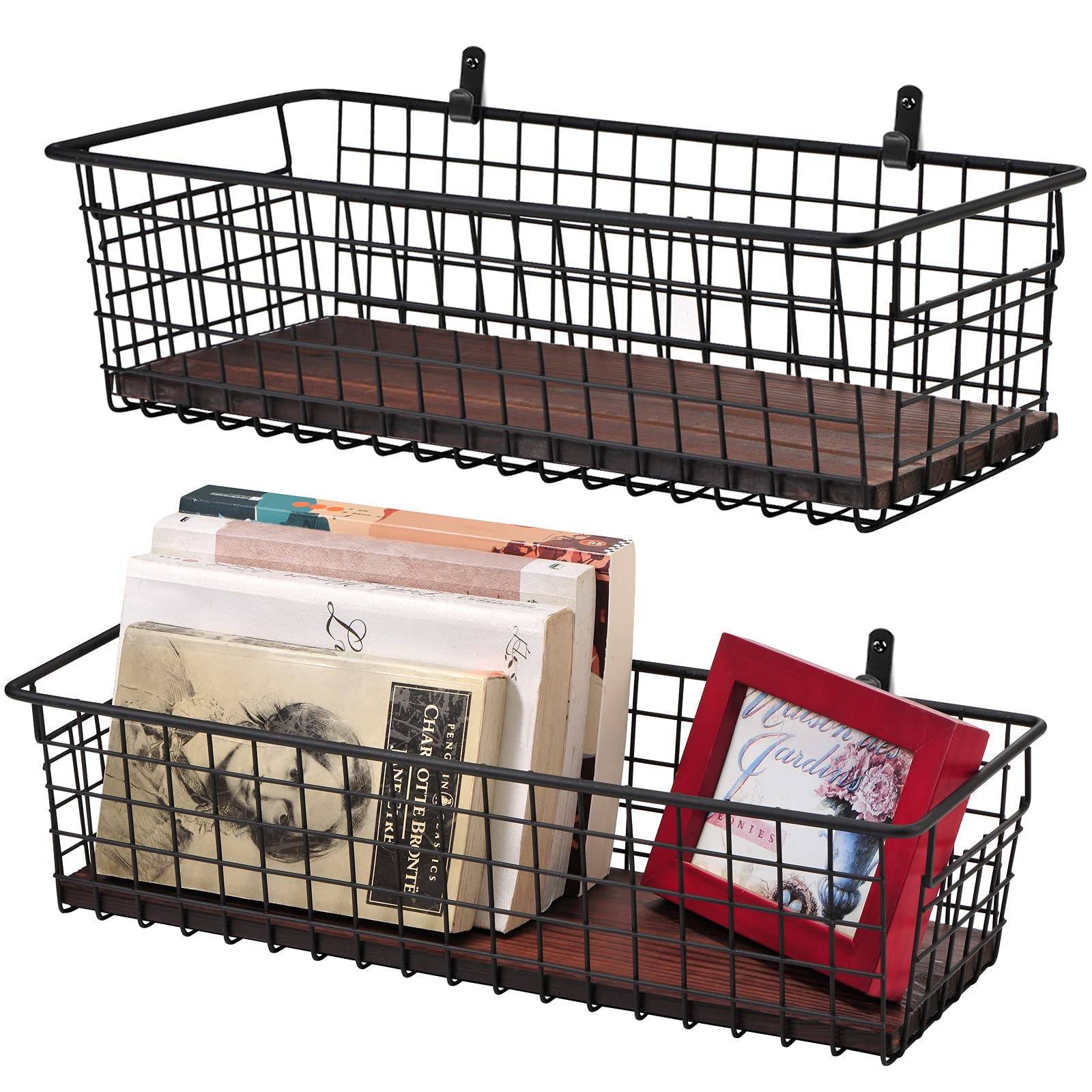 SheeChung 2-Pack Extra Large Metal Farmhouse Wall Storage Baskets with Handles & Floating Shelves - Rustic Home Decor Organizer for Bathroom, Kitchen, Office - Wall Mount Hooks Included (Black) - Perfect for Farmhouse Style Decor & Small Space Organization