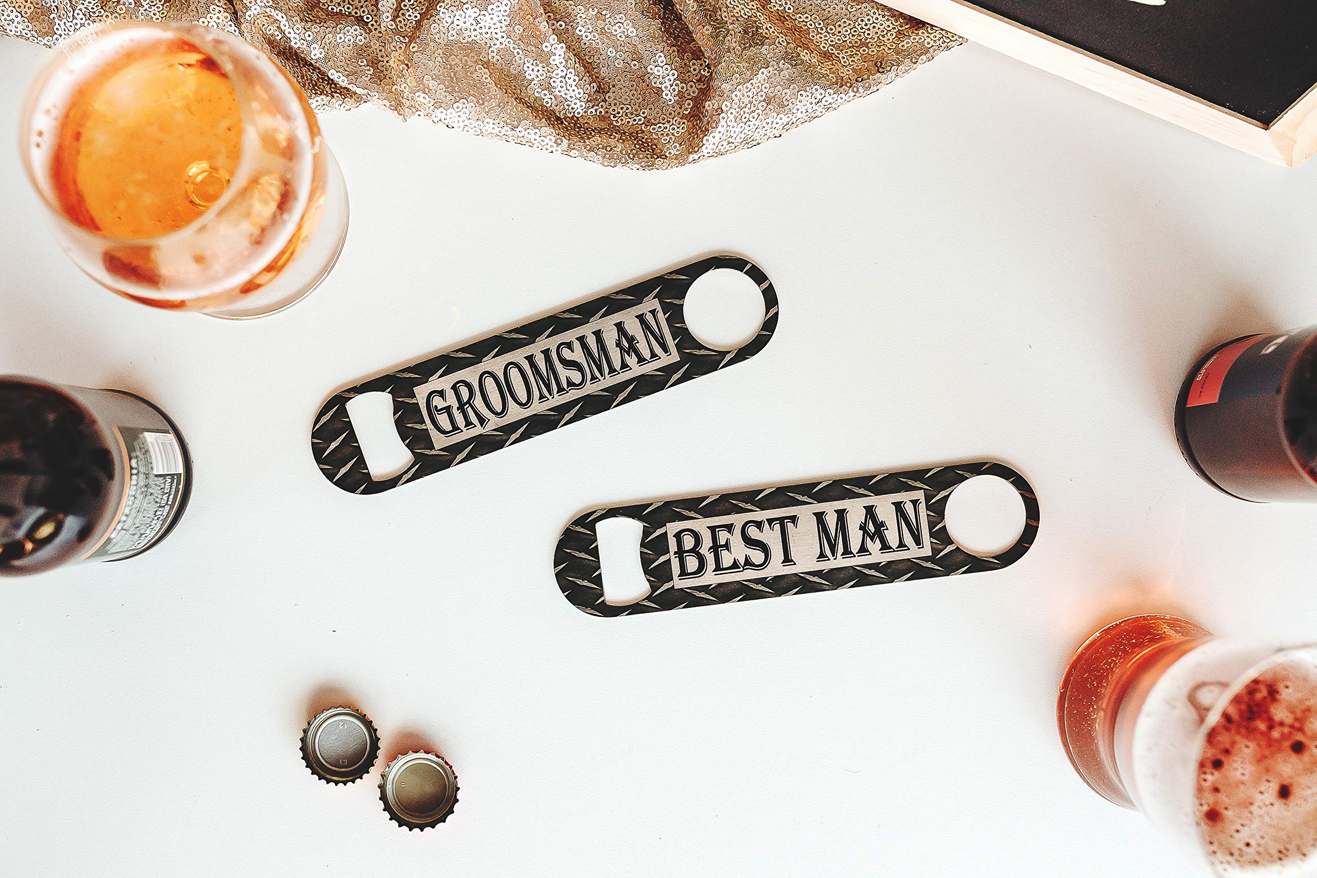 Premium Metal Bottle Opener - Unique Groomsmen & Best Man Proposal Gift for Weddings - Engraved Diamond Plate Design by Daisy Lane - Perfect for Bachelor Parties, Wedding Receptions & Man Cave Decor