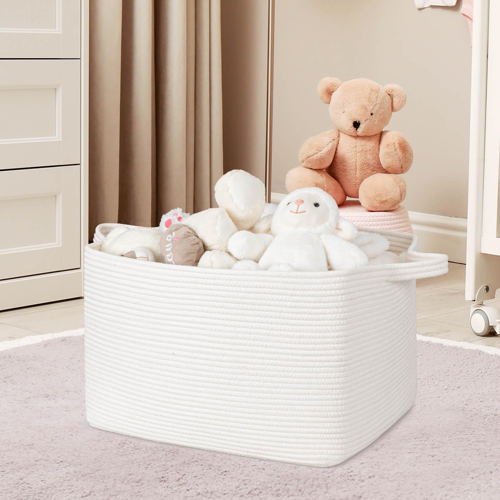 ZLG 50L White Rectangle Storage Basket with Handles - Nursery Cotton Rope Clothes Organizer, Shelf Basket for Towels & Home Essentials - 18 x 14 x 12 Inches - Perfect for Bedroom, Bathroom & Laundry Room Storage