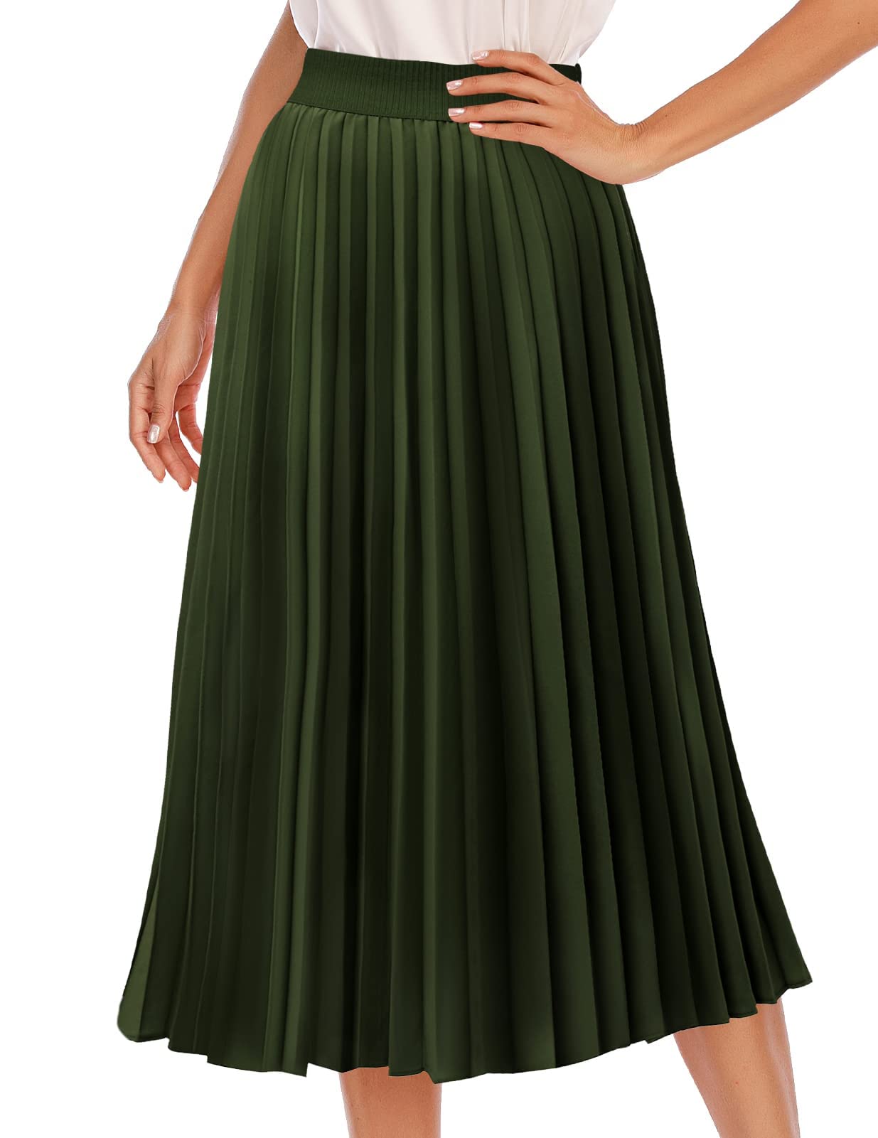 DRESSTELLS Women's 2023 Spring Summer Pleated Midi Skirt with Lining - Elegant Long Flowy Skirt for Office, Date Night & Casual Outings