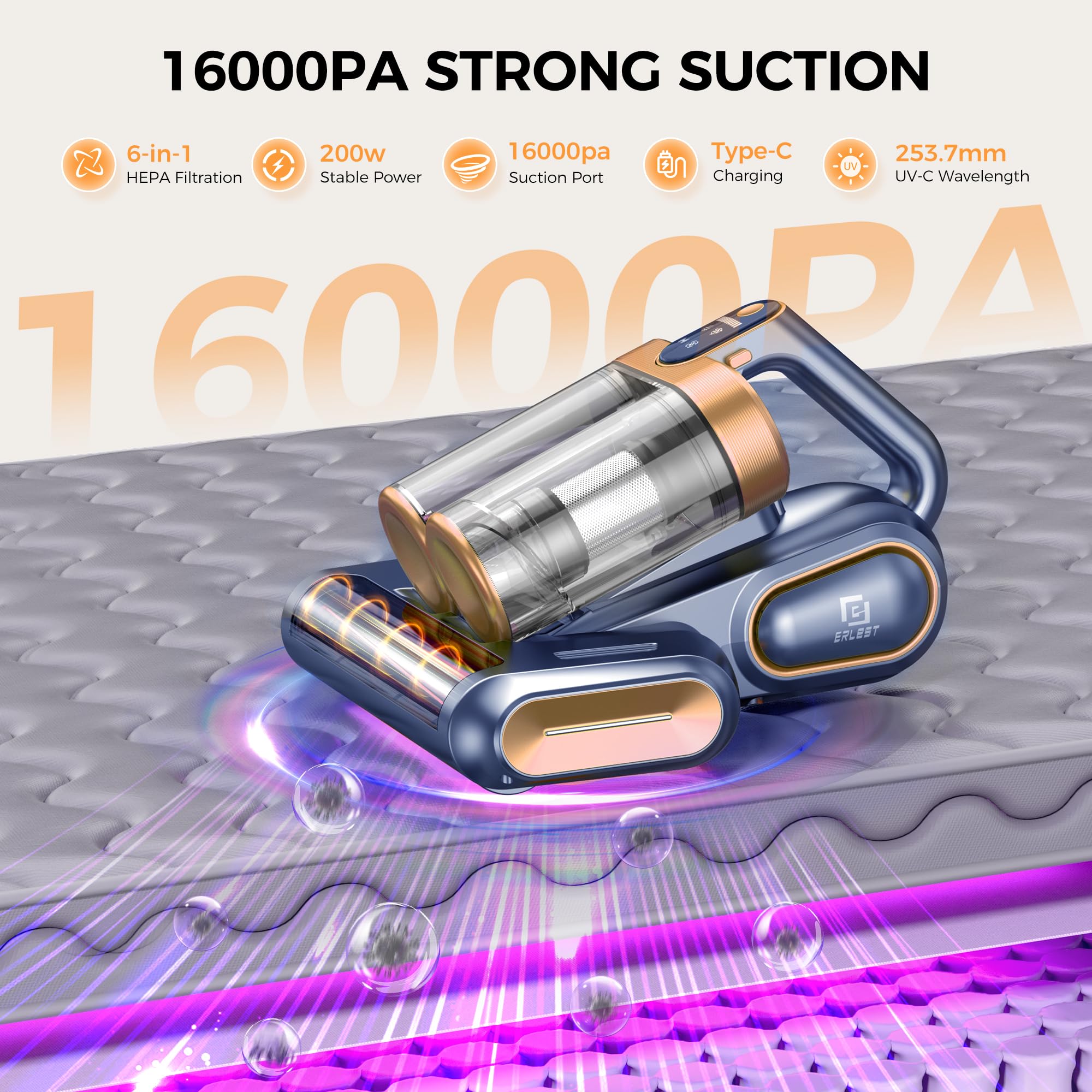 16KPa Cordless Mattress Vacuum Cleaner with UV & Ultrasonic for Dust & Pet Hair - Home & Travel Use