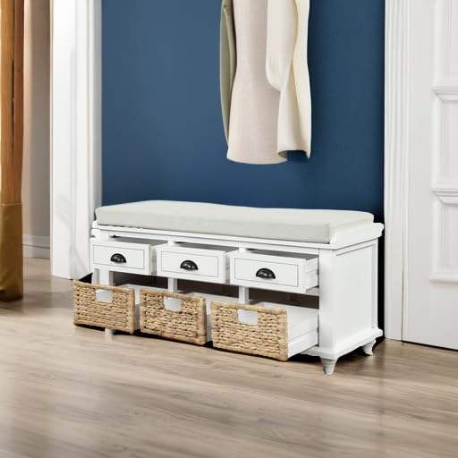 SOFTSEA 3-Drawer Storage Bench with Rattan Baskets & Removable Cushion - Entryway Shoe Bench, Bedside Storage Ottoman, Living Room Organizer - Fully Assembled White Cube Bench for Home Decor