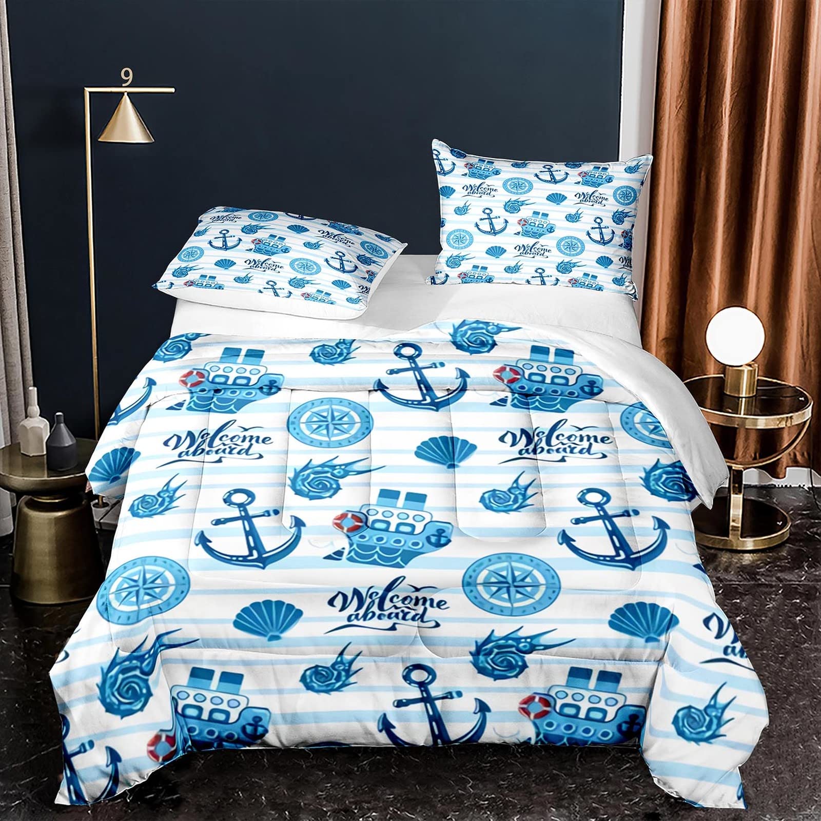 Navy Blue Nautical Anchor Comforter Set - Underwater World Retro Theme Bedding with Pillowcases, Twin Size for Girls Room Decor & Coastal Home Decor | Perfect for Kids Bedroom, Beach House, or Nautical Themed Nursery