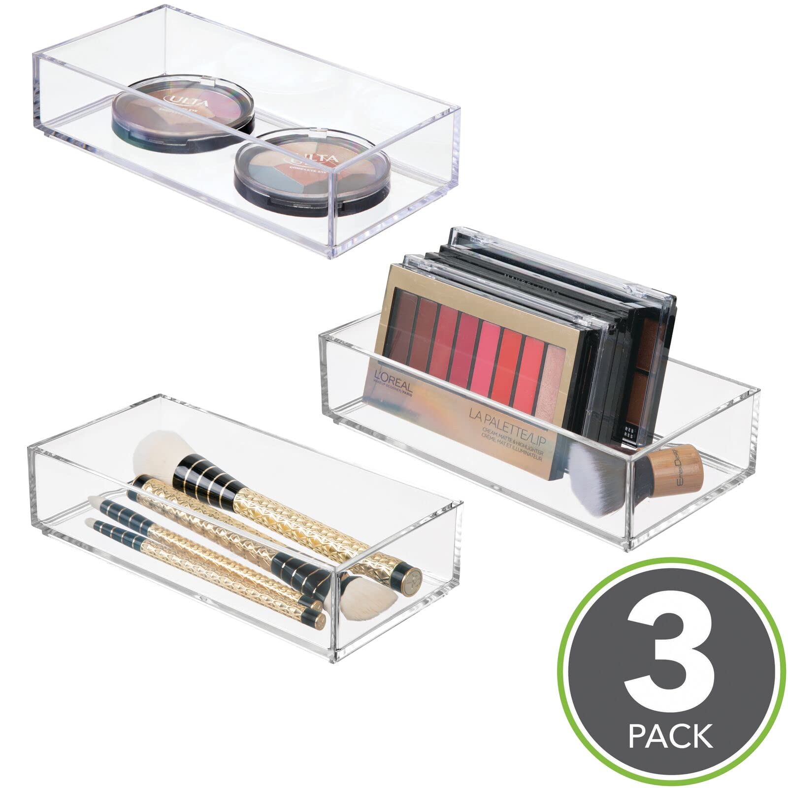 mDesign Stackable Makeup Organizer Set of 3 - Clear Cosmetic Storage Boxes for Nail Polish, Lipstick & Beauty Products - Bathroom & Bedroom Organization Solutions