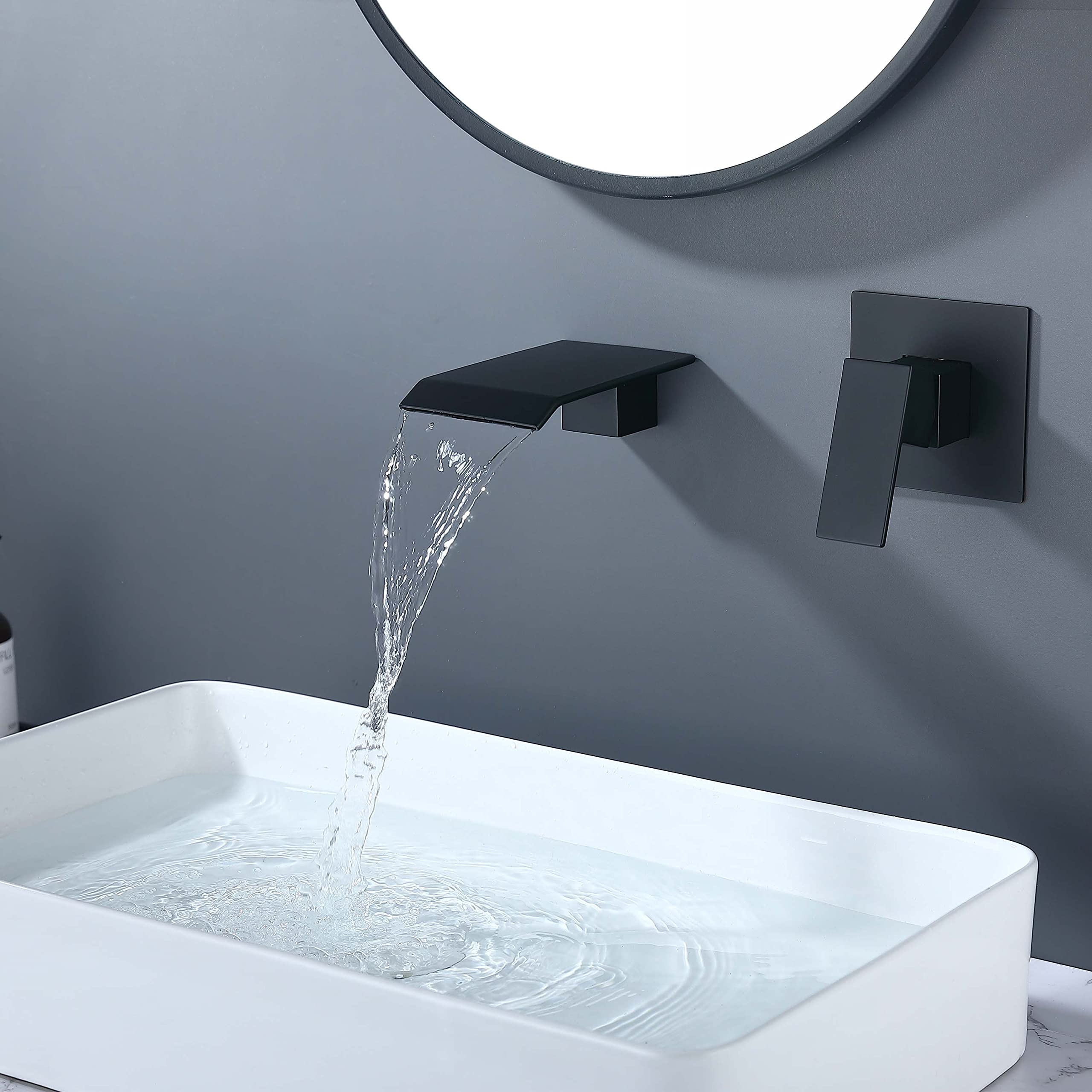 Black Brass Wall Mount Waterfall Bathroom Sink Faucet with Wide Spout & Upgraded Rough-in Valve - Modern Wall-Mounted Bathroom Faucet for Vanity, Powder Room, and Luxury Spa Settings