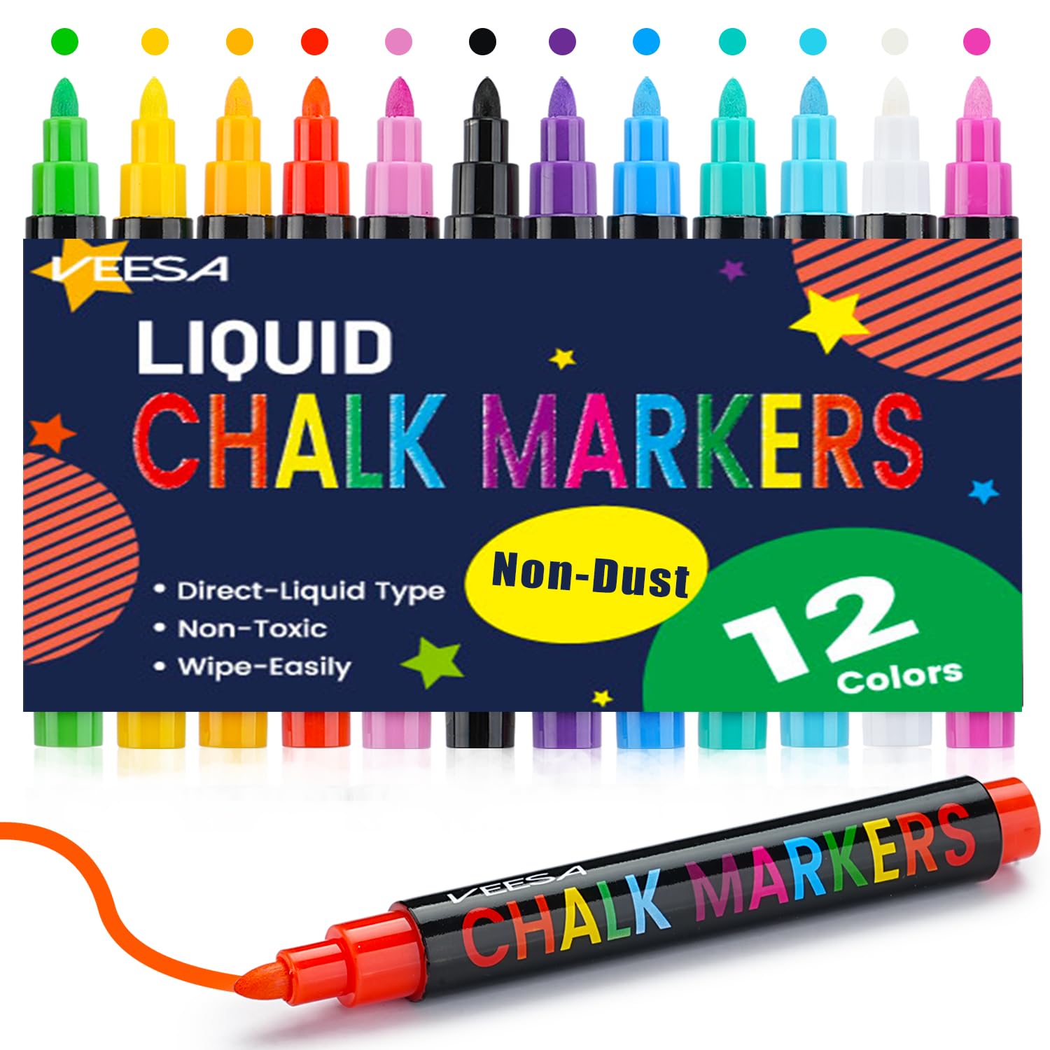 VEESA 12 Colors Dust-Free Liquid Chalk Markers - Fine Tip Washable Chalkboard Markers for Blackboard, Window, Glass, Mirror - Ideal for Restaurants, Cafes, Classrooms & DIY Home Decor